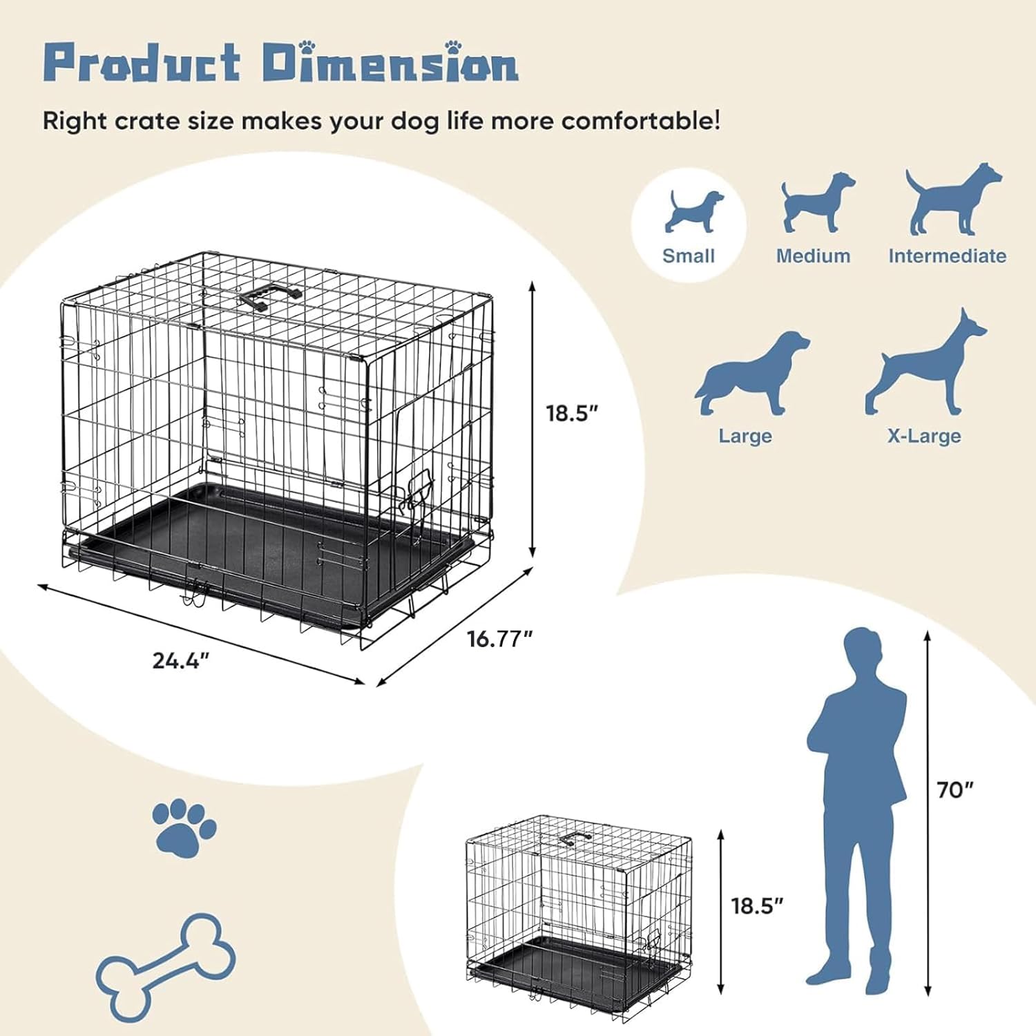 DUMOS Dog Crate, 24 Inch Small Single Door Dog Cage with Plastic Leak-Proof Pan Tray, Folding Metal Wire Pet Kennel for Indoor, Outdoor, Travel