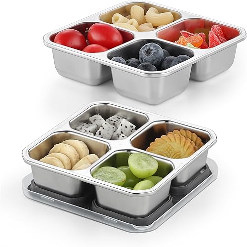 Platos divididos de acero inoxidable, bandeja para niños y bebés, 4 compartimentos divididos, contenedor de aperitivos Bento con tapa, caja de