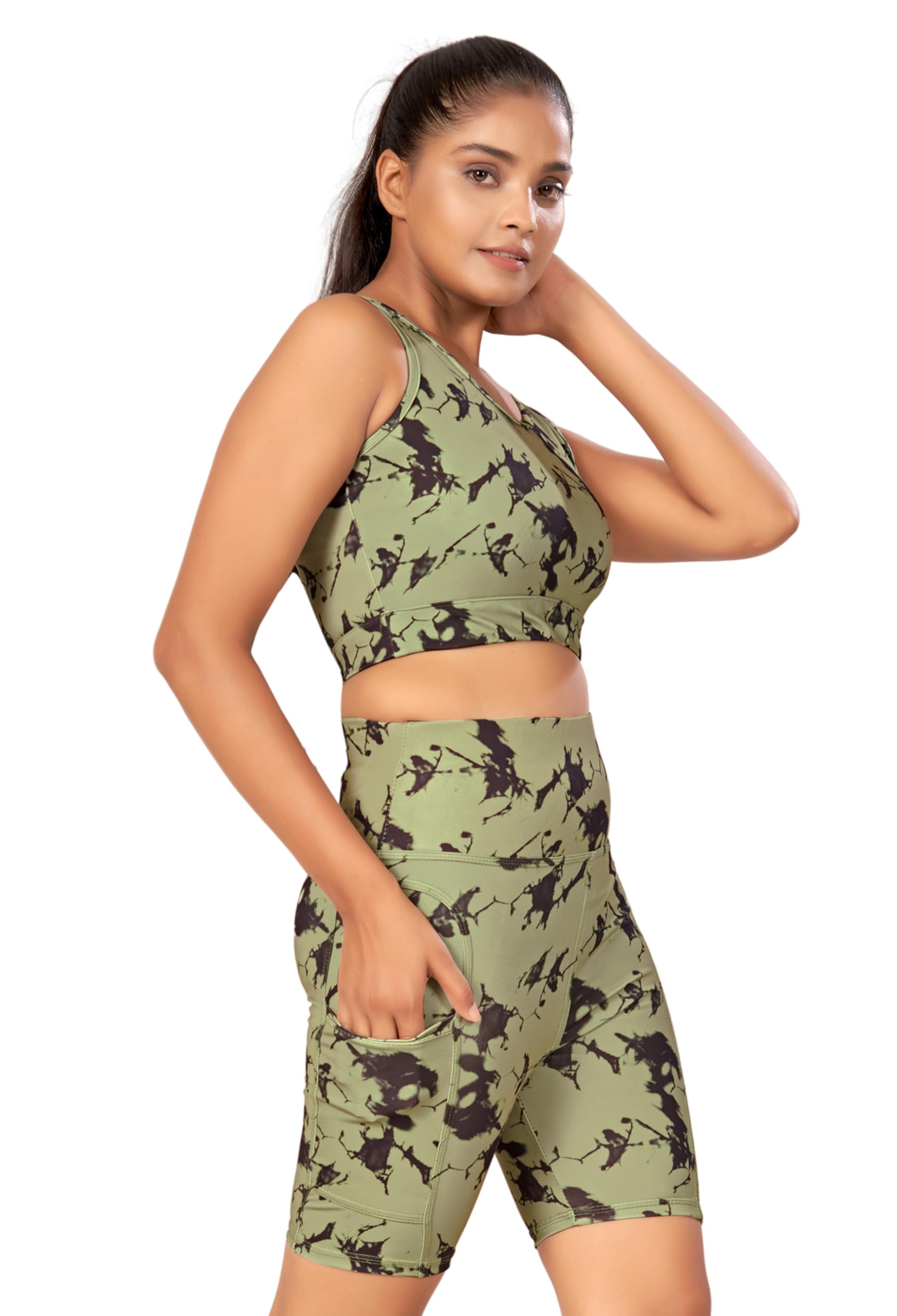 poojaran saree Sleeveless Crop Top and Shorts for Workout | High Waist Printed Activewear Shorts and Top Set for Women and Girls | Polyester Blend Gym, Yoga, Cycling Shorts with Pocket-picture-11