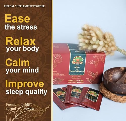 Miniatura 2 de Polvo de kava instantáneo Fijian Noble de alta calidad con coco natural y polvo de fresa, auténtico, 10% kavalactonas, 20 paquetes individuales,