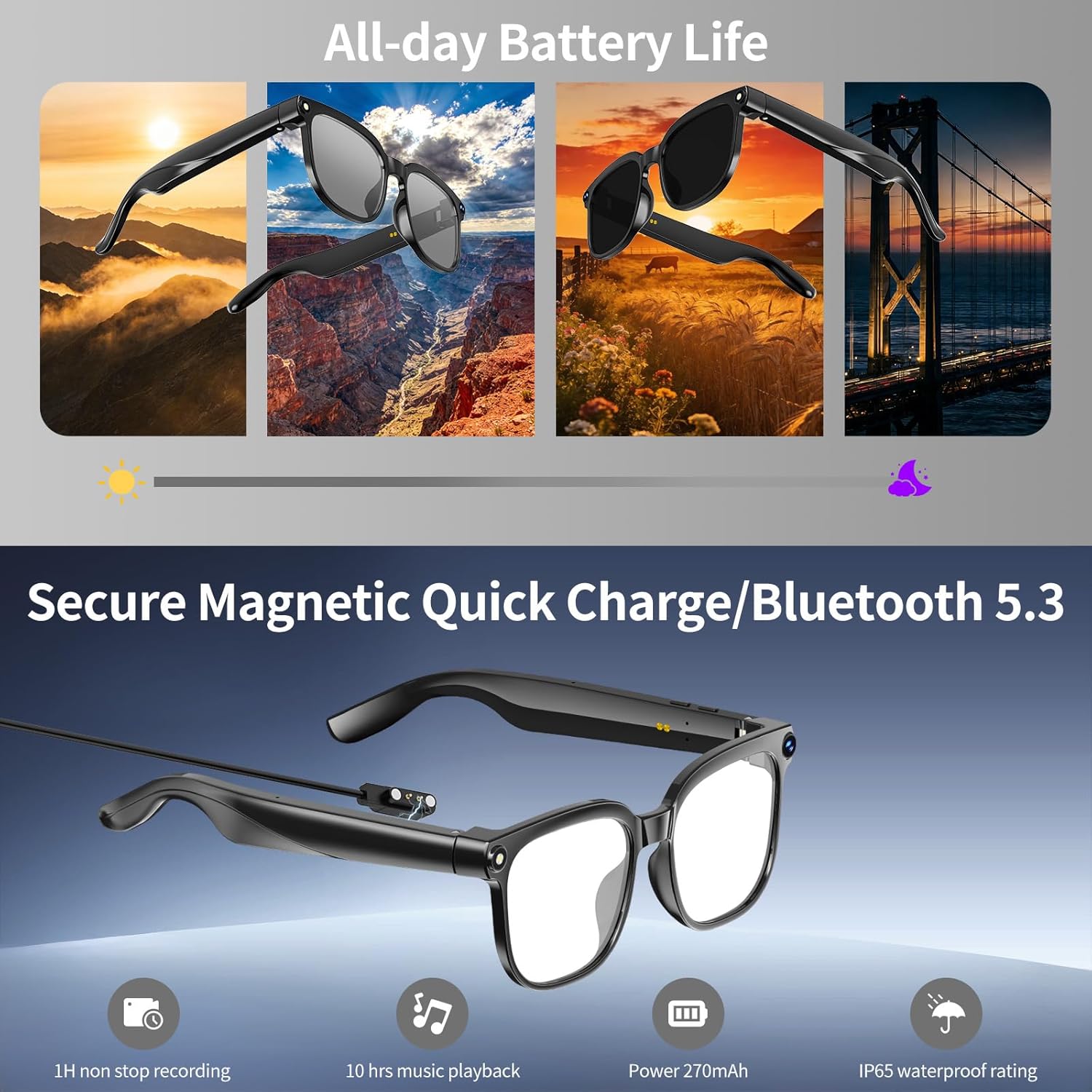 Smart Glasses with Camera, 8MP HD Anti-Shake Camera Glasses, 1080P Video Recording Dual Mic Sunglasses, Real Time Translation, Built-in ChatGPT Voice Assistant, Open-Ear Audio for Travel&Outdoor