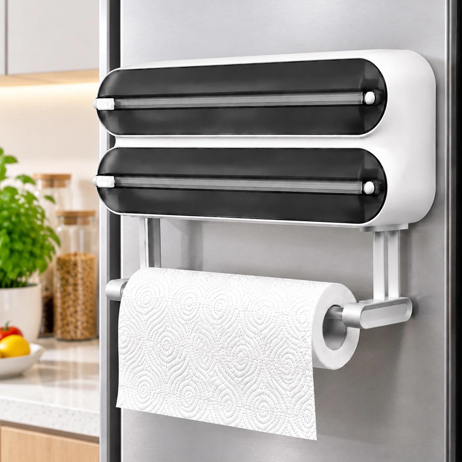 3 in 1 Frischhaltefolienspender, Küchenrollenhalterung mit Küchenrollenhalter, Folienschneider Magnetischer mit Küchenrollenhalter, Alufolienspender und Frischhalte, Schwarz Küche, Haushalt & Wohnen