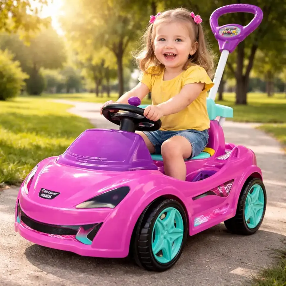 Carrinho de Passeio e Pedal Infantil MC Car Rosa 2 em 1 – Triciclo com Haste Guia, Anel de Proteção e Cinto de Segurança – Suporta até 30kg – Com Buzina e Sistema Antiderrapante – Selo INMETRO