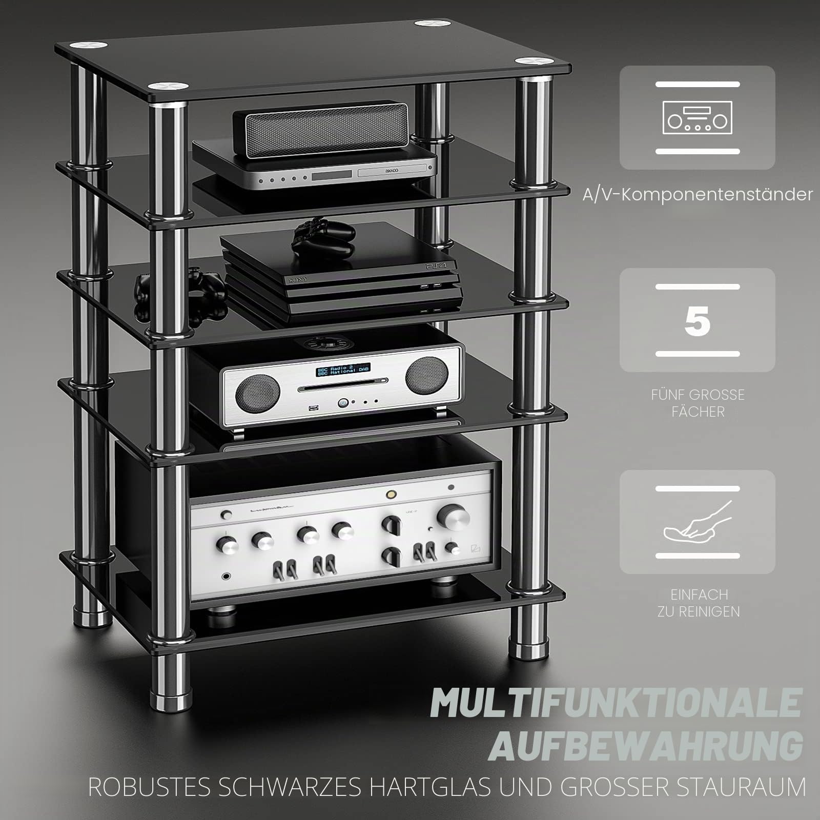 Rfiver HiFi Rack Glas 5 Ebenen HiFi Regal 600x400x800mm Phono Rack Plattenspieler Ständer TV Regal Möbel Edelstahl Gehärtetes Glas
