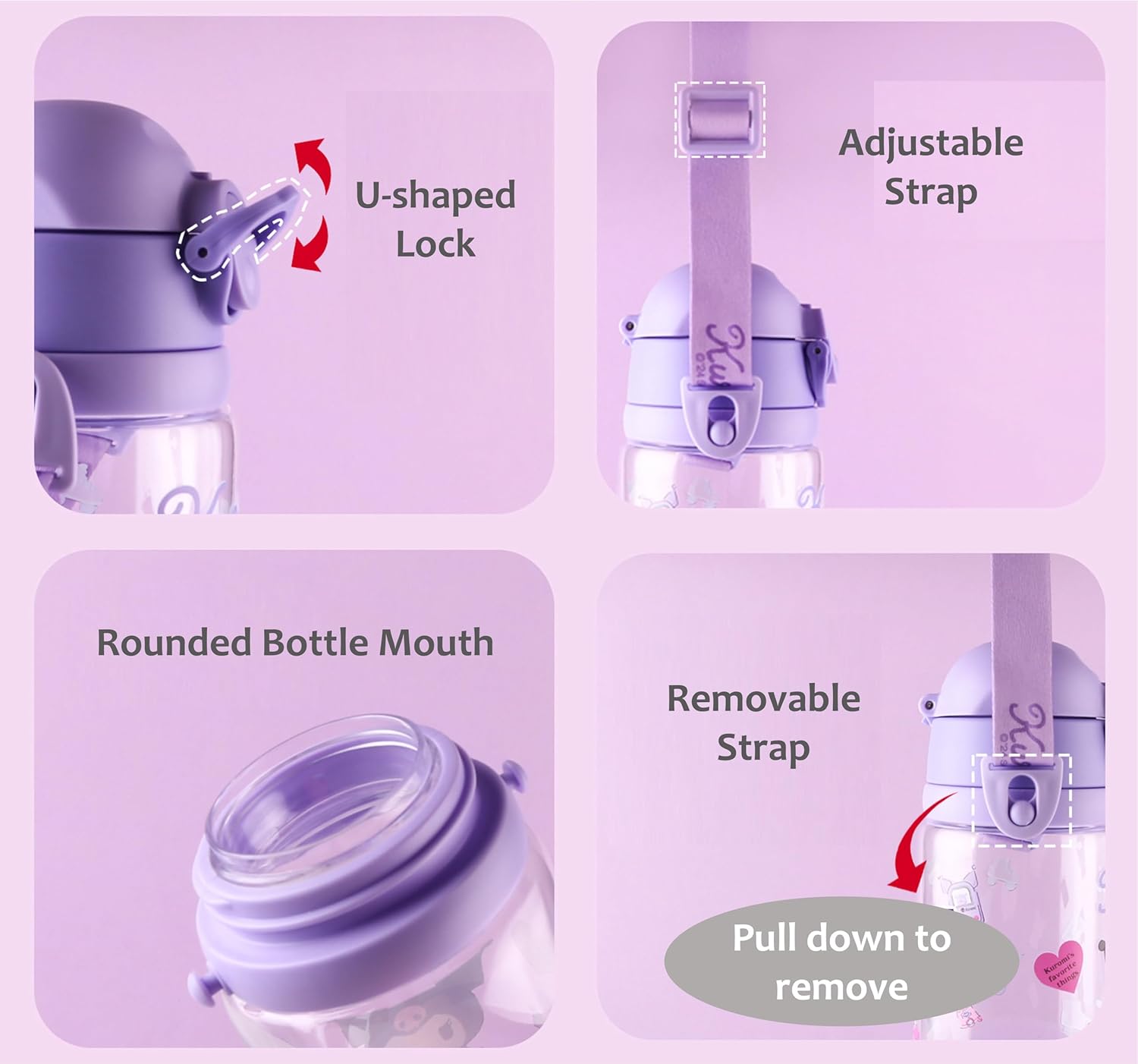Everyday Delights Kuromi Water Bottle Double Covers with Straw and Strap 520ml - Purple