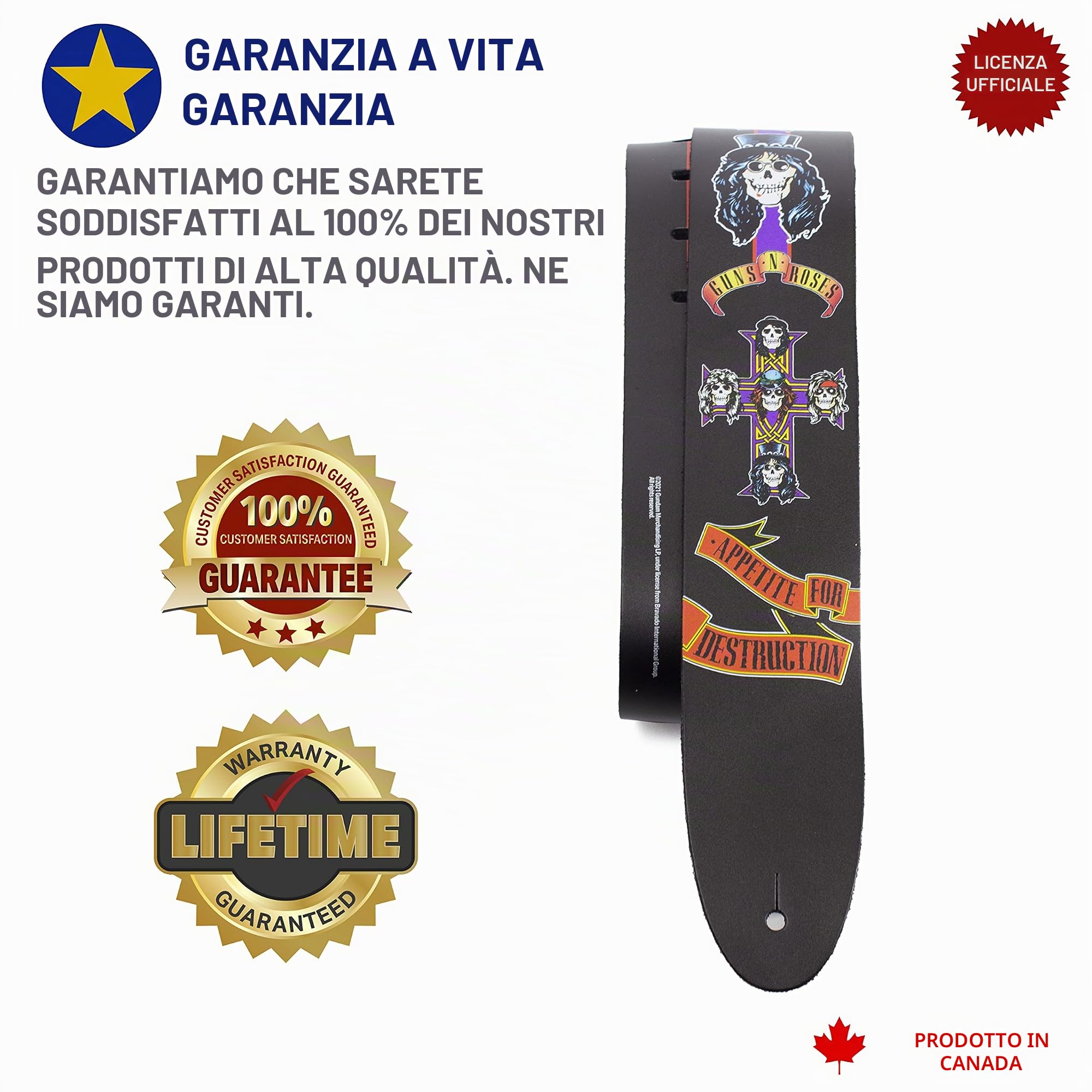 P Perri's Leathers Ltd. Tracolla per chitarra - Direct To Leather- Licenza ufficiale GUNS N ROSES- regolabile - Per chitarre acustiche/basso/elettriche - Made in Canada (DTL25GR-11008), multi, 56