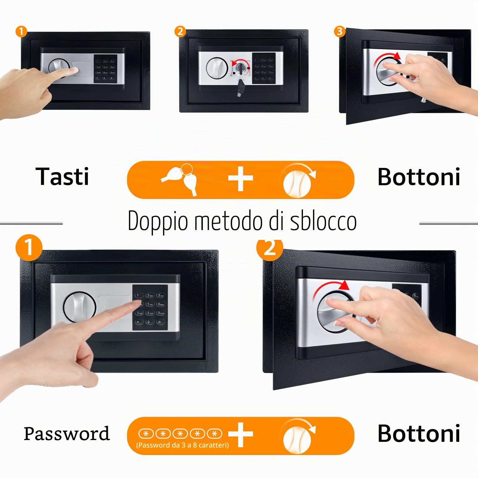 NAIZY Mini cassaforte antifuoco impermeabile con illuminazione interna box batterie chiave di sicurezza allarme acciaio mobile 12L nero+argento