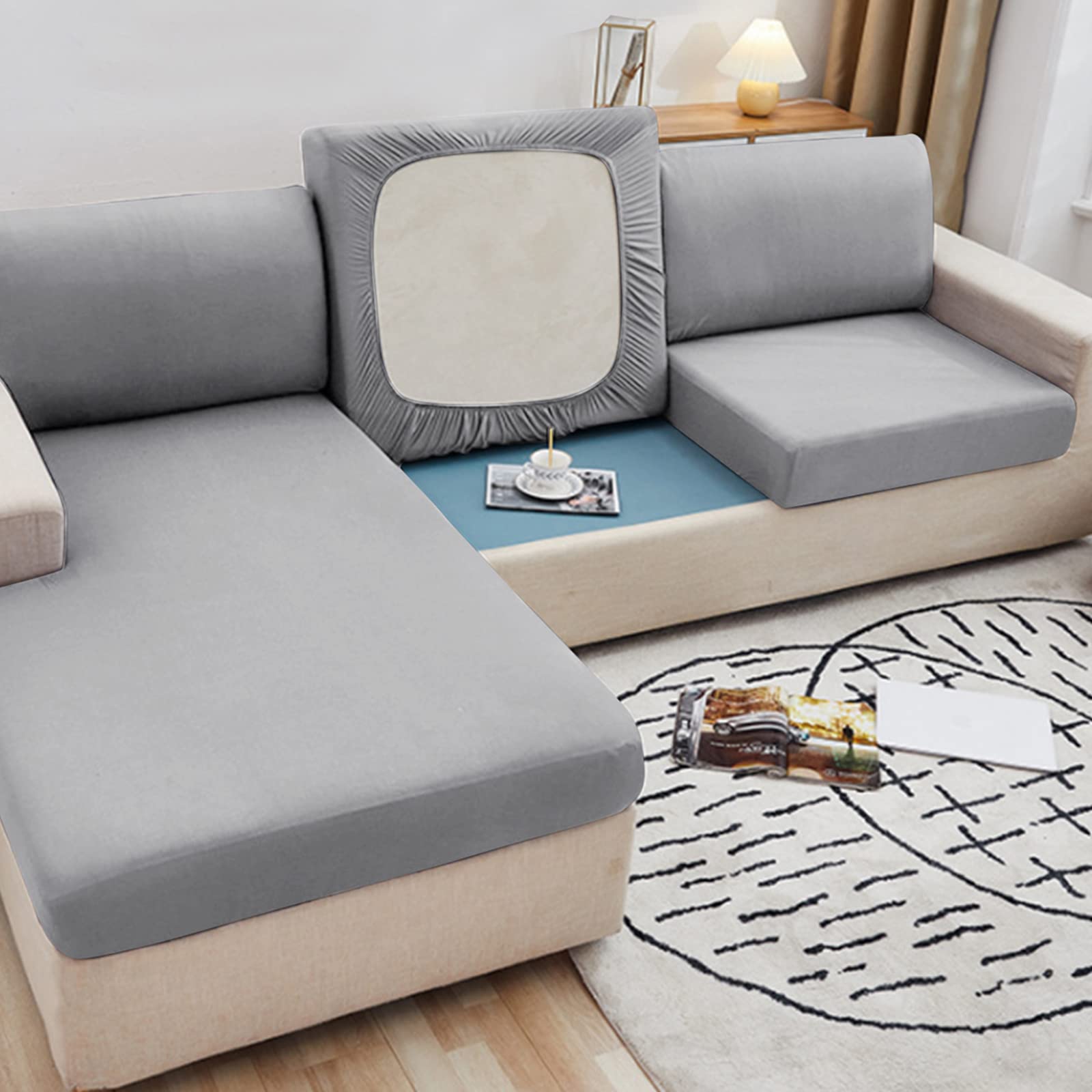 Rosnek Sofa Cushion Covers, High Stretch Sofa Seat Slipcovers, Couch Cushion Cover Universal for 2 Seater Sofa Furniture Protector Non-Slip with Elastic Bottom, Light Grey