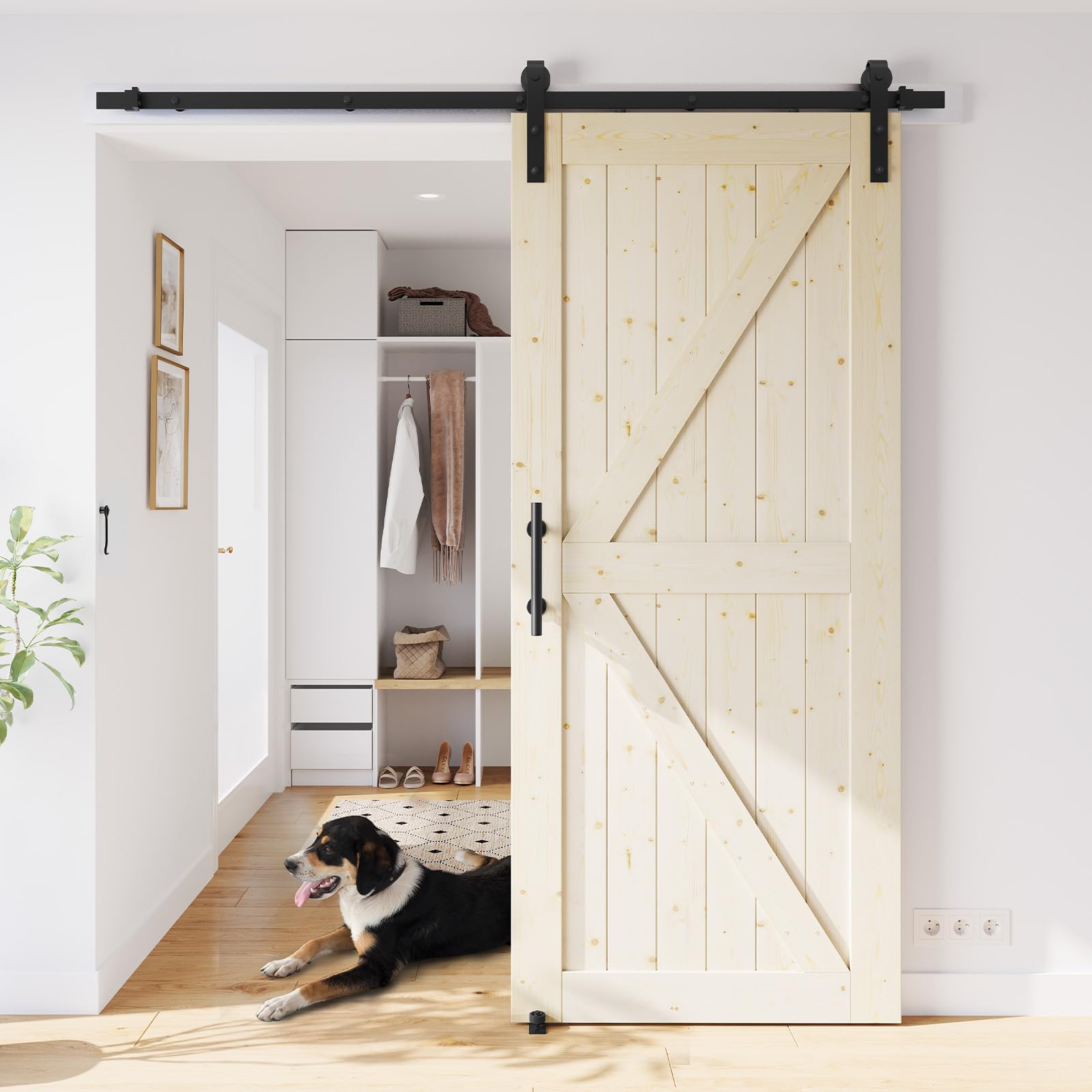 36in x 84in Sliding Barn Door with 6.6 FT Barn Door Hardware Kit, DIY Unfinished K-Frame-Installation Required-Includes Barn Door Slabs,Wood, Barn Door Hardware, Handle, and Floor Guides