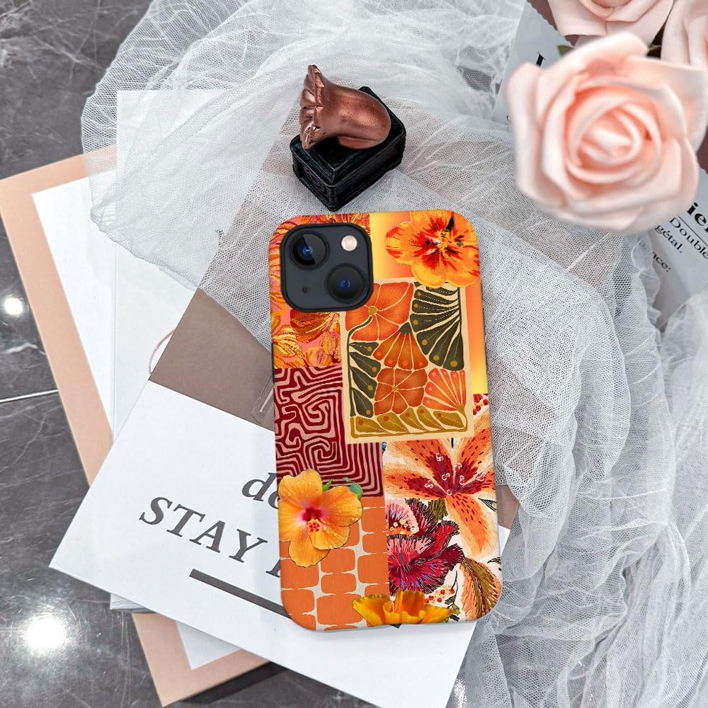 Compatible with iPhone 13,Durable & Shockproof Phone Case Cover Design - Orange Floral Hibiscus Collage Aesthetic - Image 5