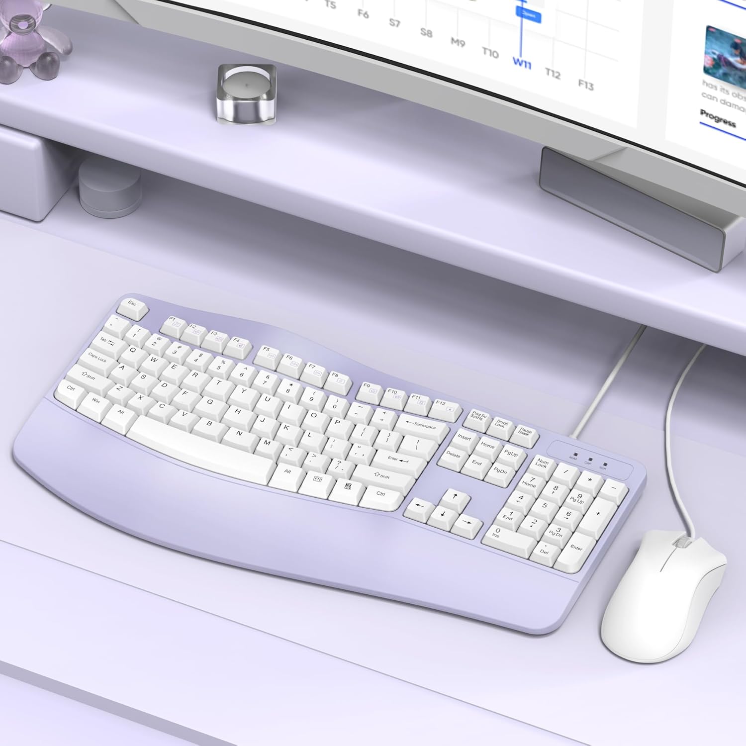 RECCAZR Ergonomic Keyboard Wired with Wrist Rest, Wave Keyboard for Natural Typing,Spill-Resistant Compatible with Windows/PC/Laptop (Purple)