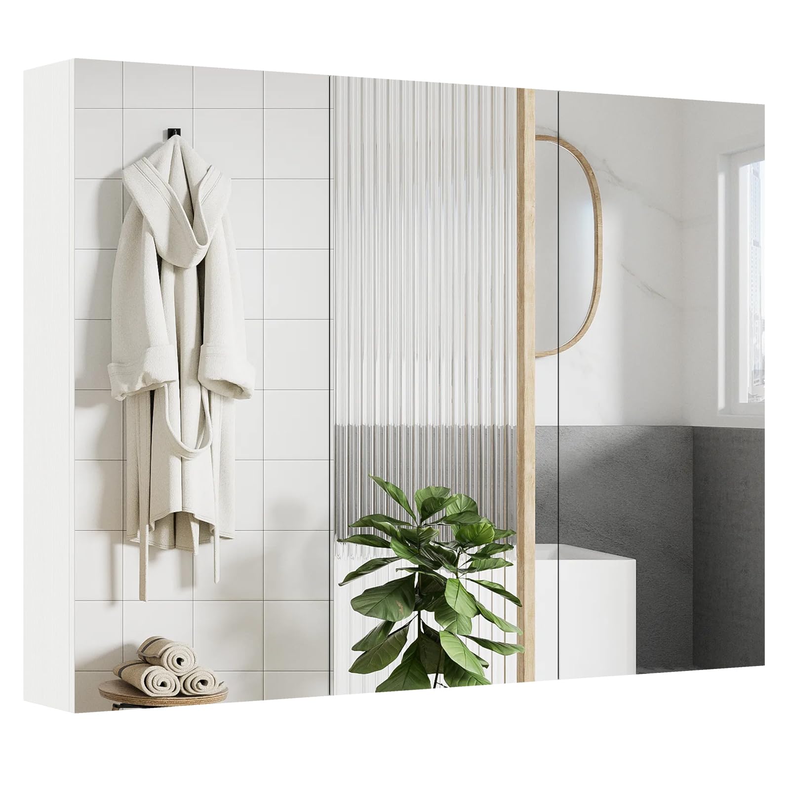 COSTWAY Armario de Espejo de Baño con 3 Puertas, Armario de Pared Baño con 6 Compartimentos, Superficie de Imitación Madera y Marco de Madera, 87 x 65 x 12,5 cm