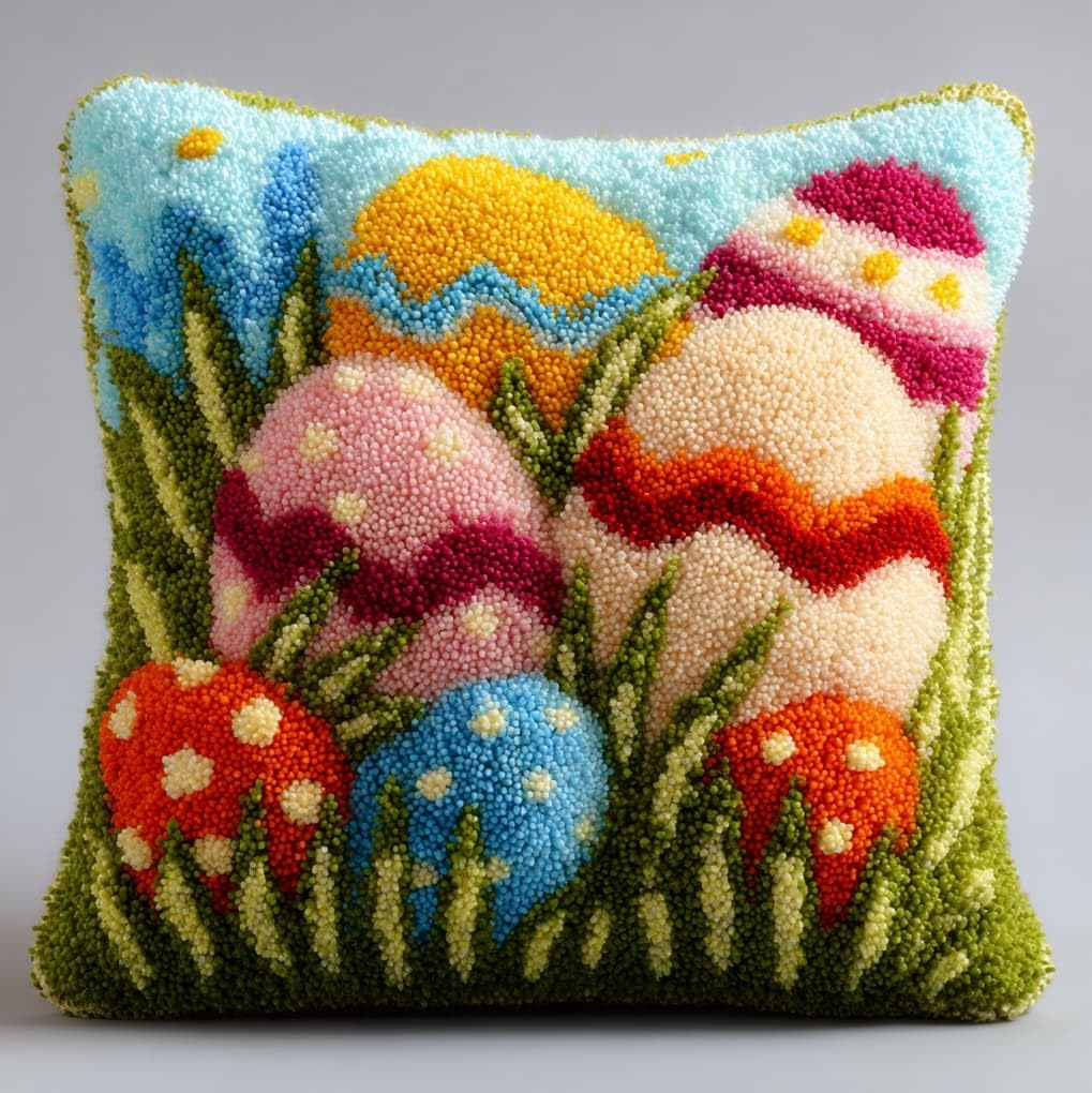 WallustrioaW Latch Hook Kit Cushion Latch Hook Kit,Easter Eggs in the Grass,Sofa Cushion Cover Embroidery Craft for Adults and Beginners,17x17in
