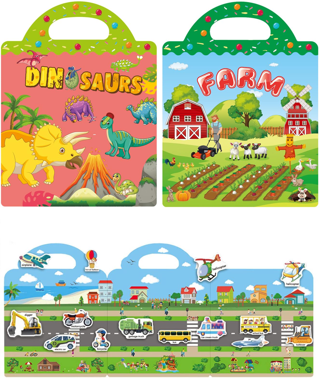 Duomama Fun and Educational Reusable Stickers Book Set for Toddlers (Ages 1-8) - Farm Harvest, Vehicles, and Dinosaurs - Travel Toys and Birthday Gifts for Boys and Girls