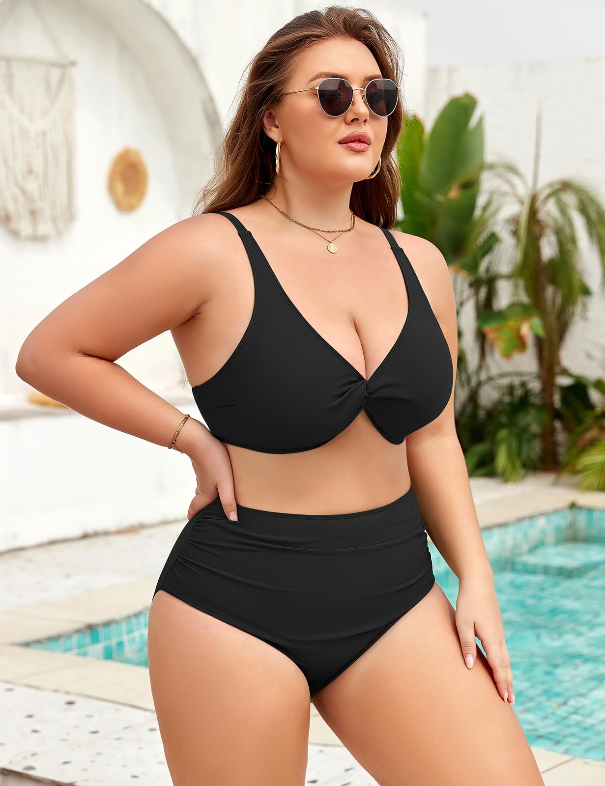 Costume Donna Due Pezzi Taglie Forti Vita Alta Costumi da Bagno Curvy Controllo Addominale Sexy Scollo a V Push Up Bikini L-4XL