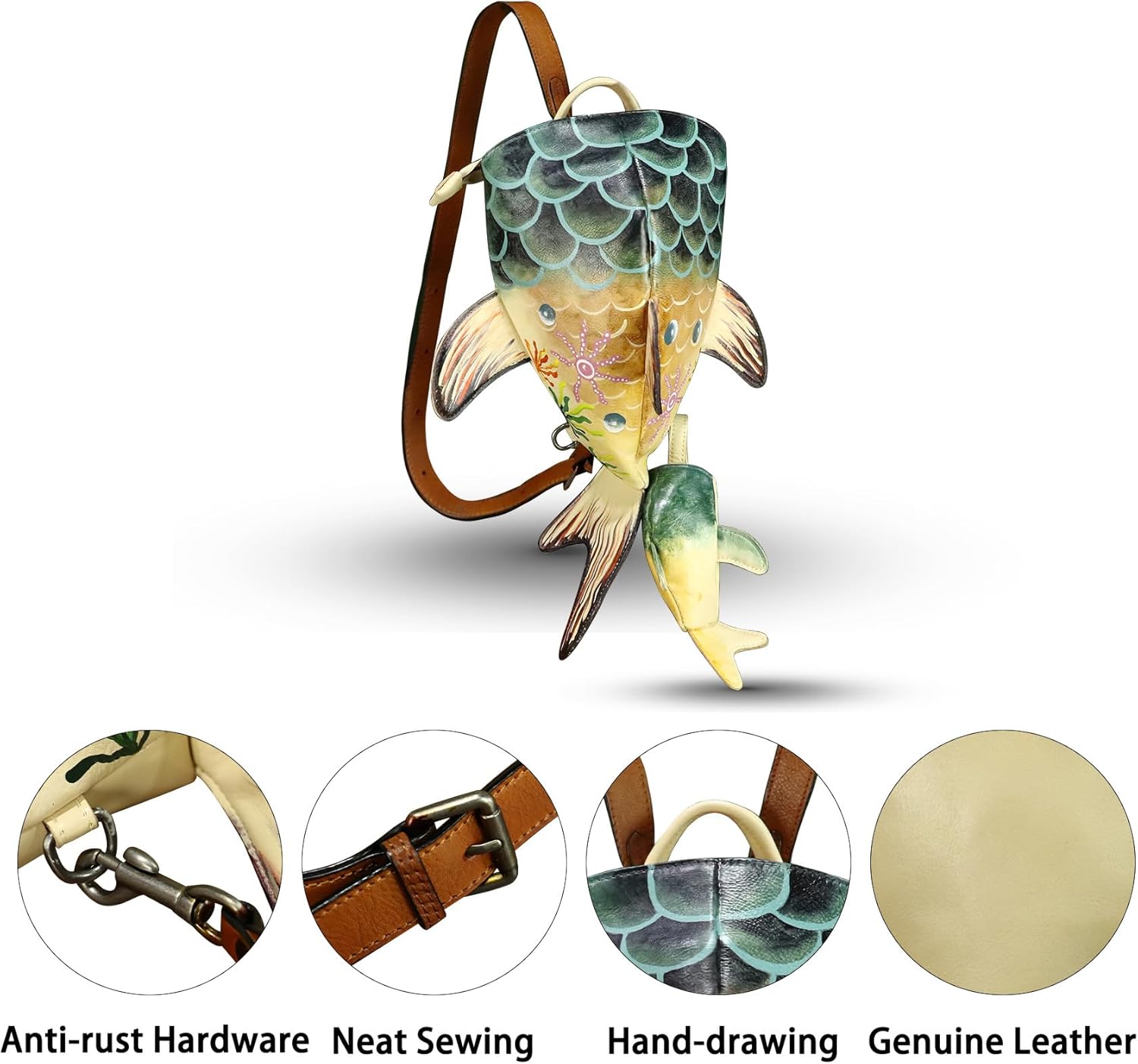 Genuine Leather Sling Bag for Women and Men Backpack Purse Handmade Cute Whale Shark Shape Shoulder Crossbody Backpack (Multicolor) - Image 4