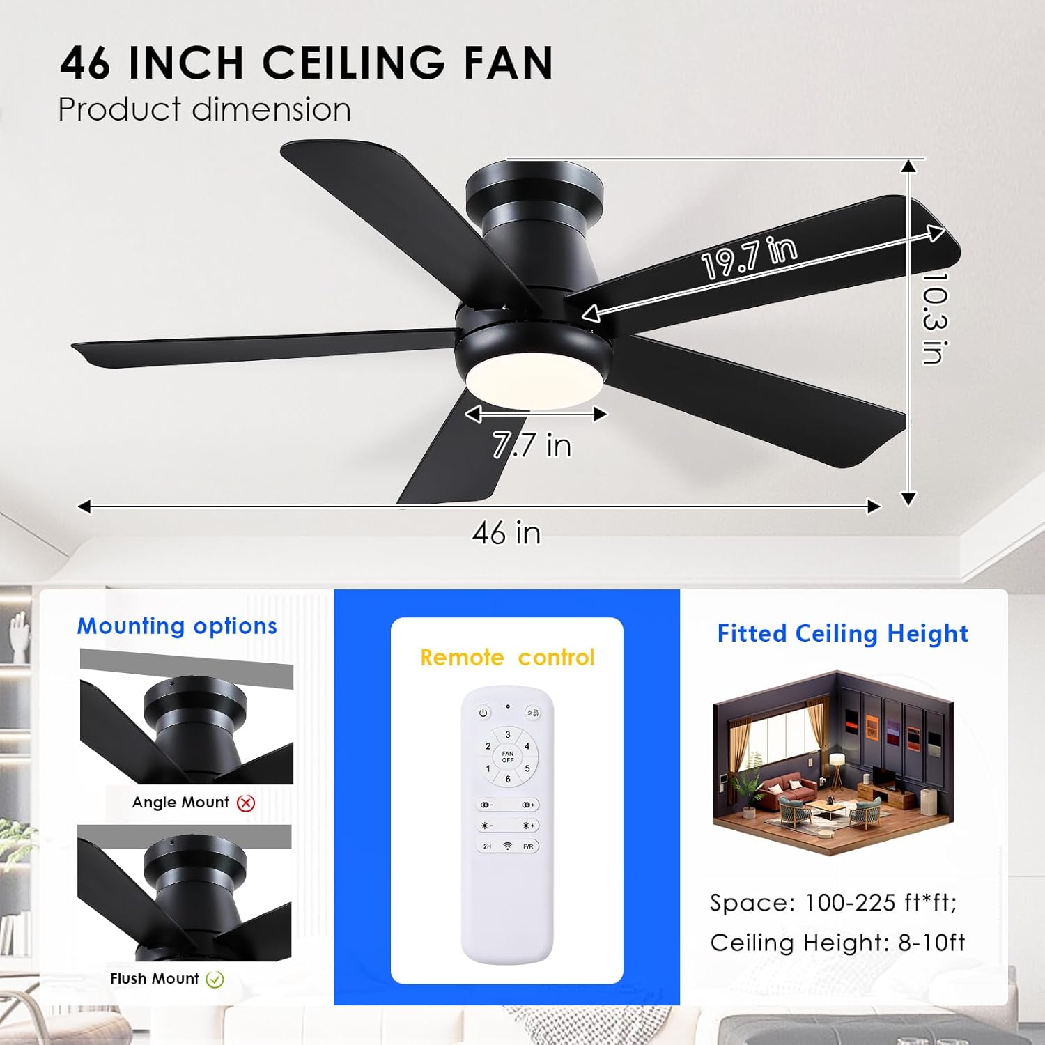 Ceiling fan with Light with Remote,46“ Morden Flush Mount Ceiling Fans with ABS 5 Blades,6 Speed Reversible Quiet DC Motor,3CCT Dimmable LED,Black Low Profile Fandeliers for Bedroom Livingroom Indoor