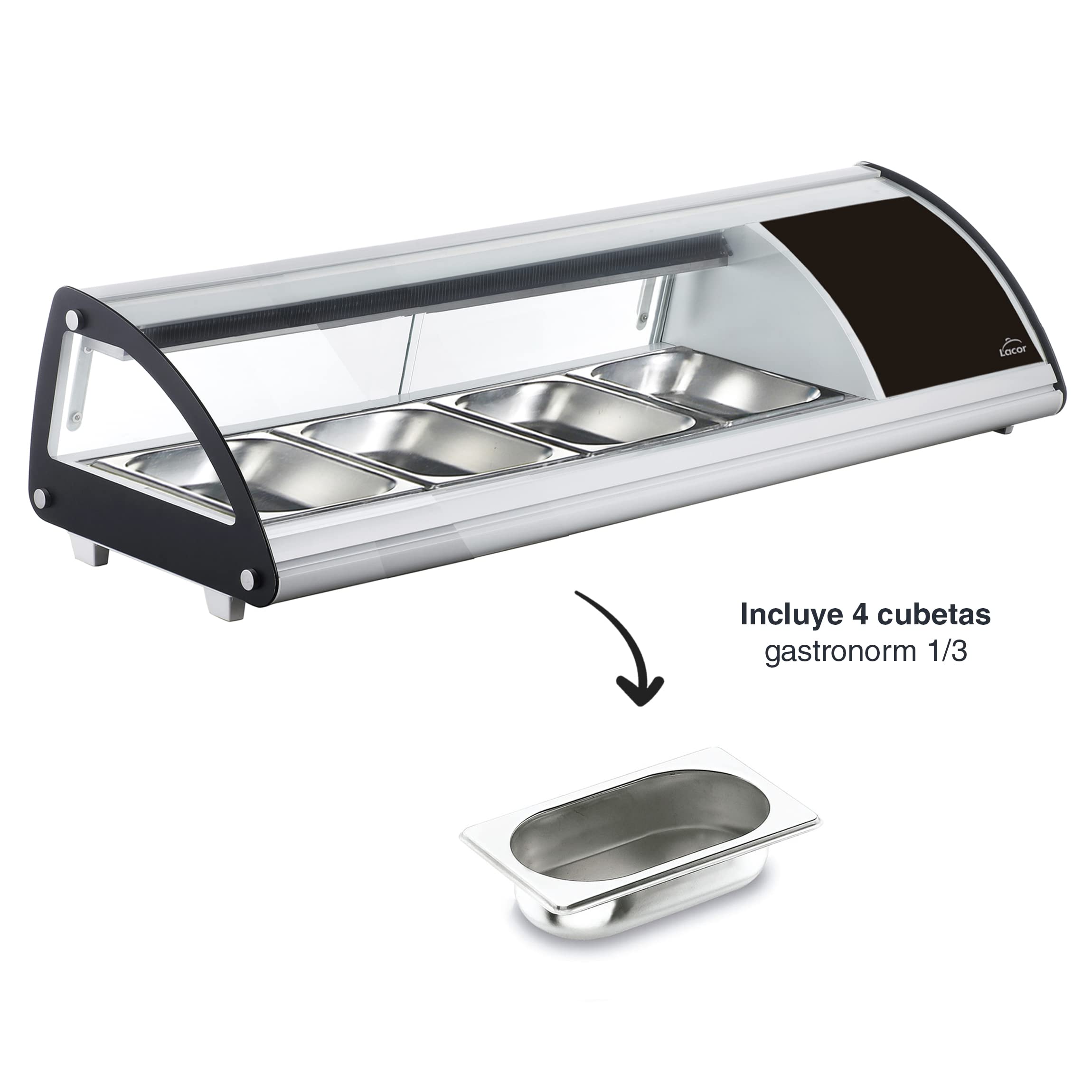 Lacor - 69605 - Vitrina Refigerada, Expositor de Alimentos, Cristal y Acero Inoxidable, Capacidad: 4xGN 1/3, 160 W, Termostato Regulable: 0ºC - 12ºC