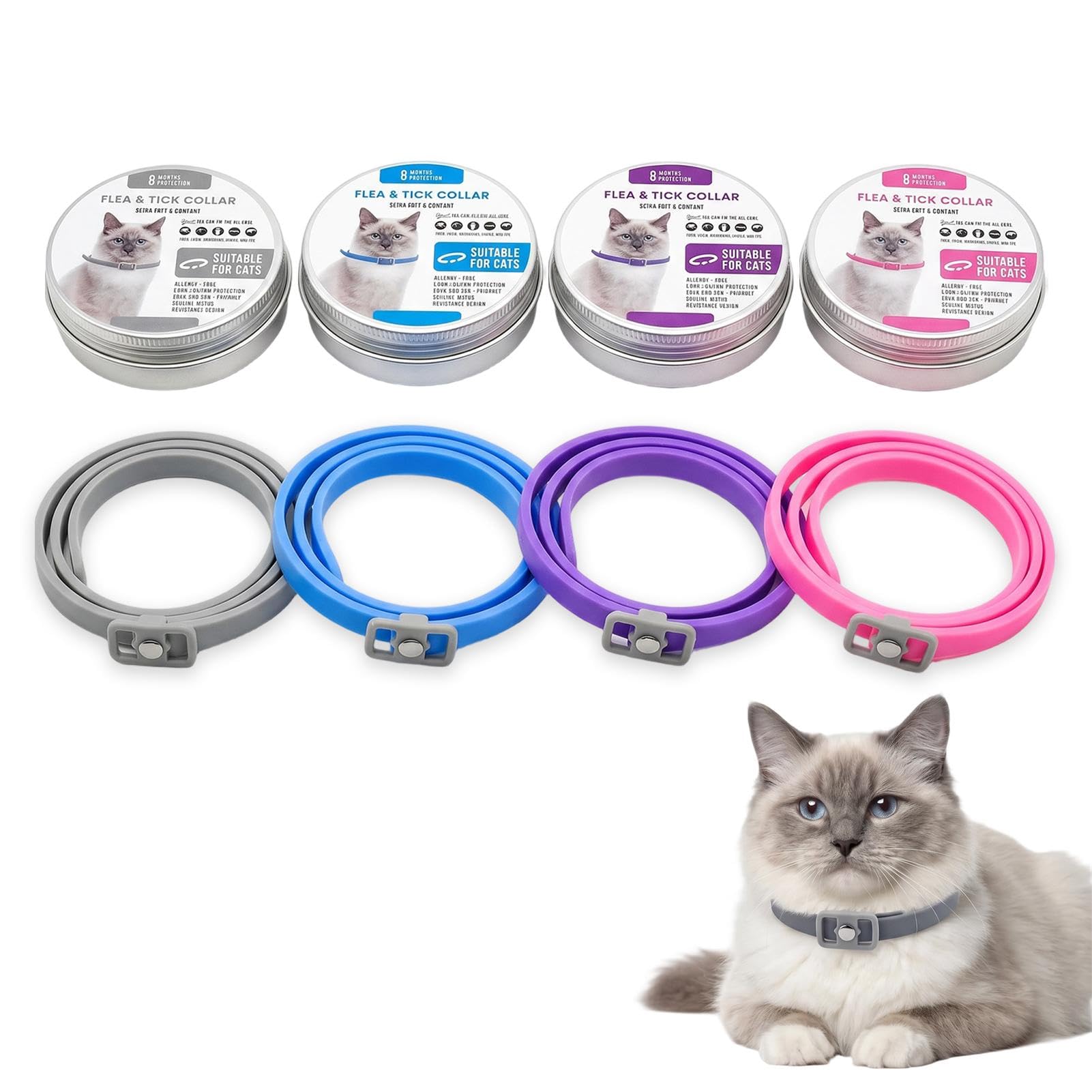 4-Piece Adjustable Cat Collars, Safe and Secure, Made of Silicone, Available in Purple, Gray, Blue, and Pink
