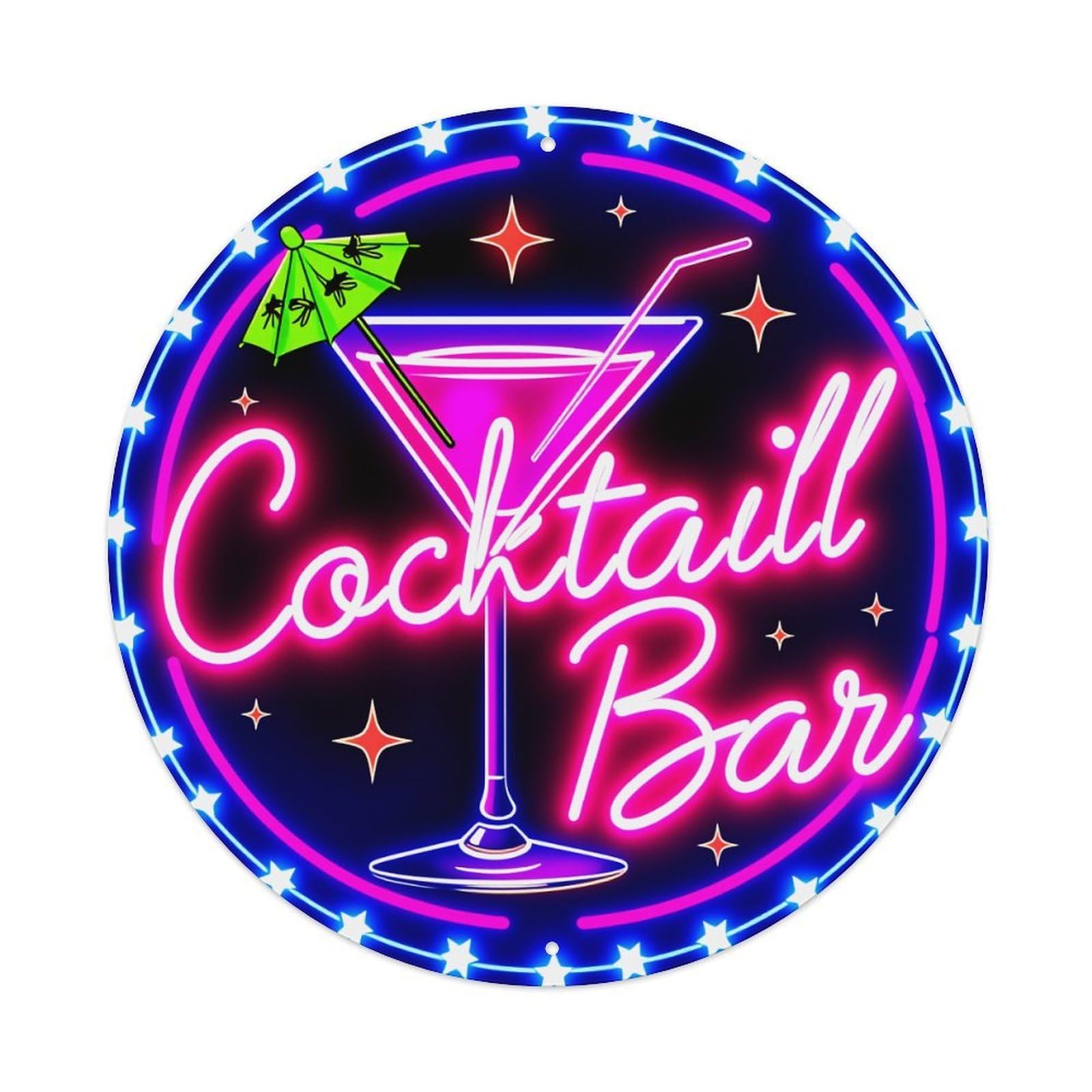 Neon Cocktail Glass With Umbrella And Stars Round Vintage Tin Sign,Retro Wall Art,Metal Poster for Home, Bar, Garage, Cafe, Rustic Indoor & Outdoor Decor, 8x8 Inches