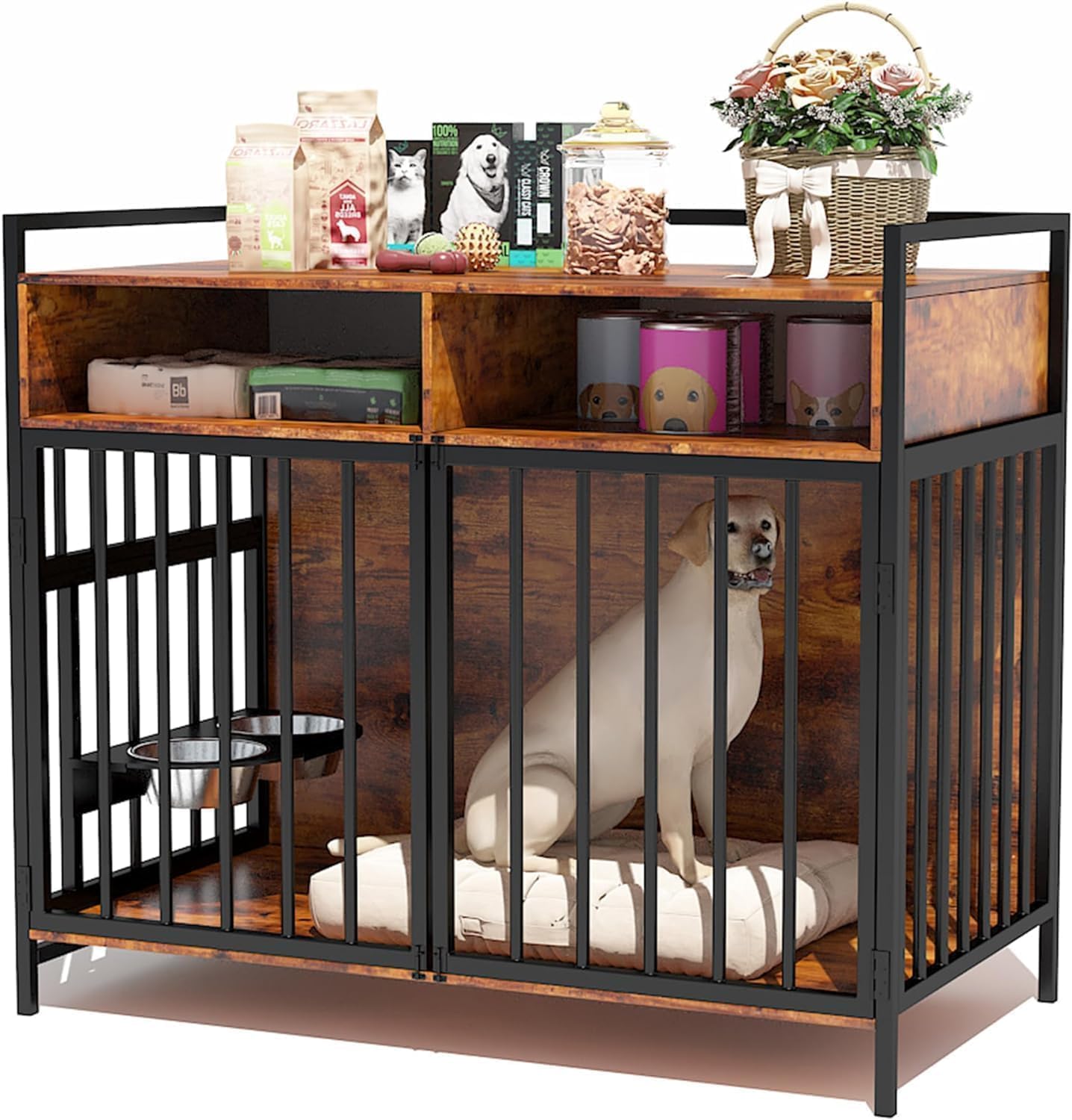 48" Large Dog Crate Furniture – XL Wooden Kennel with 360° Swivel Base & Chew-Proof Mesh, Convertible End Table Design – Extra Large Dog Crate for Medium & Large Dogs (Brown)