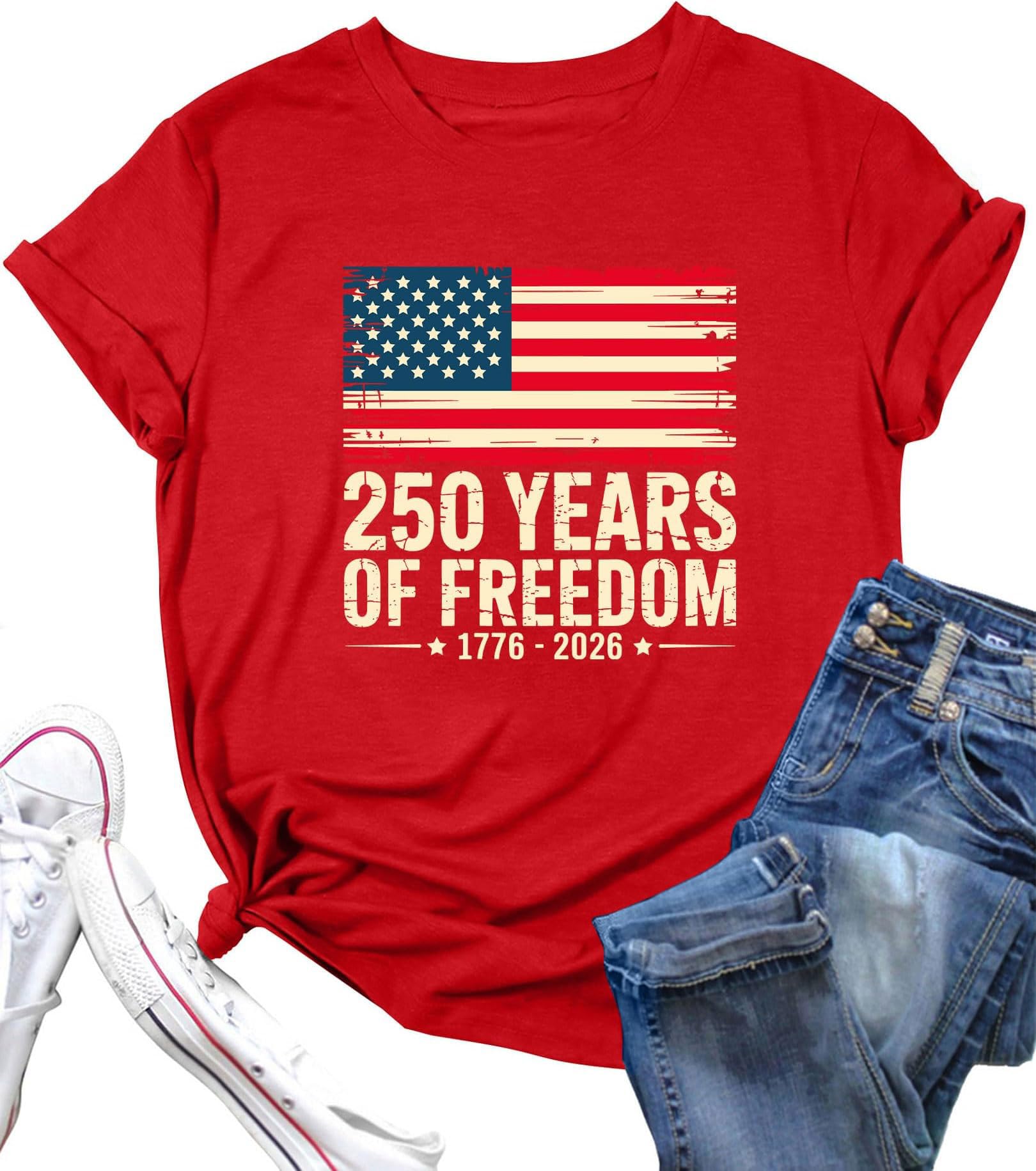 Photo 1 of 250 Years Semiquincentennial Since 1776 Shirt Women 4th of July V-Neck Tops American Flag Tee Patriotic Short Sleeve Tops(Red1-S)
