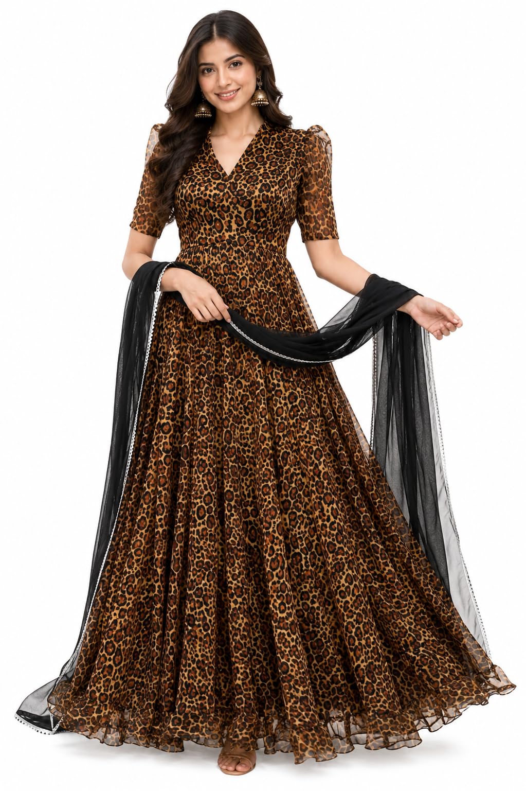 Animal Print Organza Silk Anarkali Gown with Georgette Dupatta-image-25