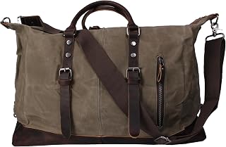 Waxed Canvas with Crazy Horse Cowhide Duffle Bag for Men 40L Travel Duffel Bags Waterproof Weekender Overnight Travel Bag(12031-Army Green)