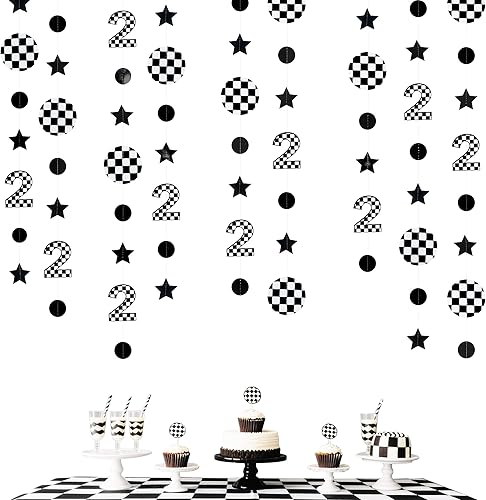 Miniatura 35 de Decoraciones de fiesta de coche de carreras, lunares circulares amarillos y rojos con estampado a cuadros, guirnalda de lunares para niños, hombres,