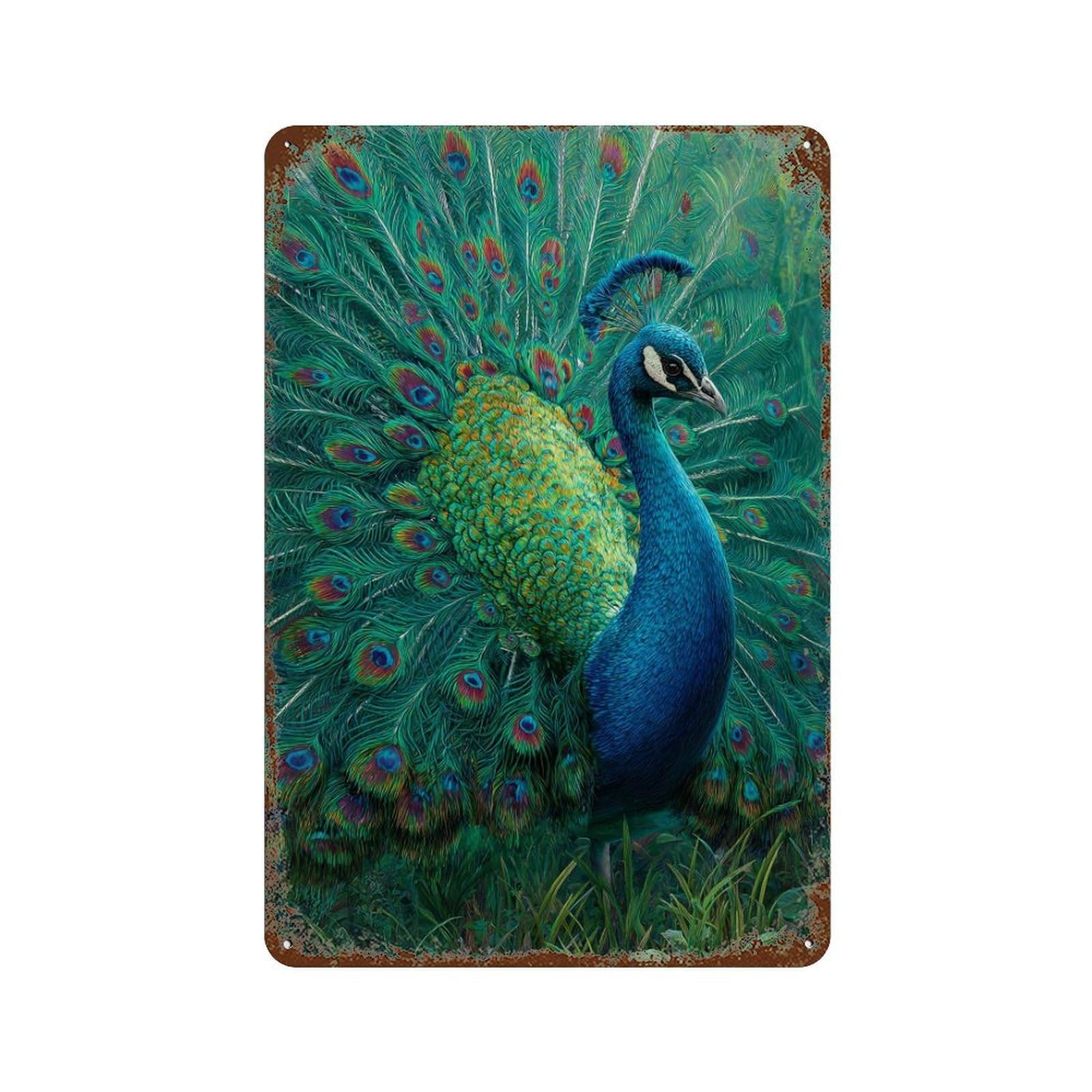Peacock with Spread Feathers Weathered Tin Sign 11.8"x7.9", Novelty Wall Decor for Garage, Pub Or Kitchen
