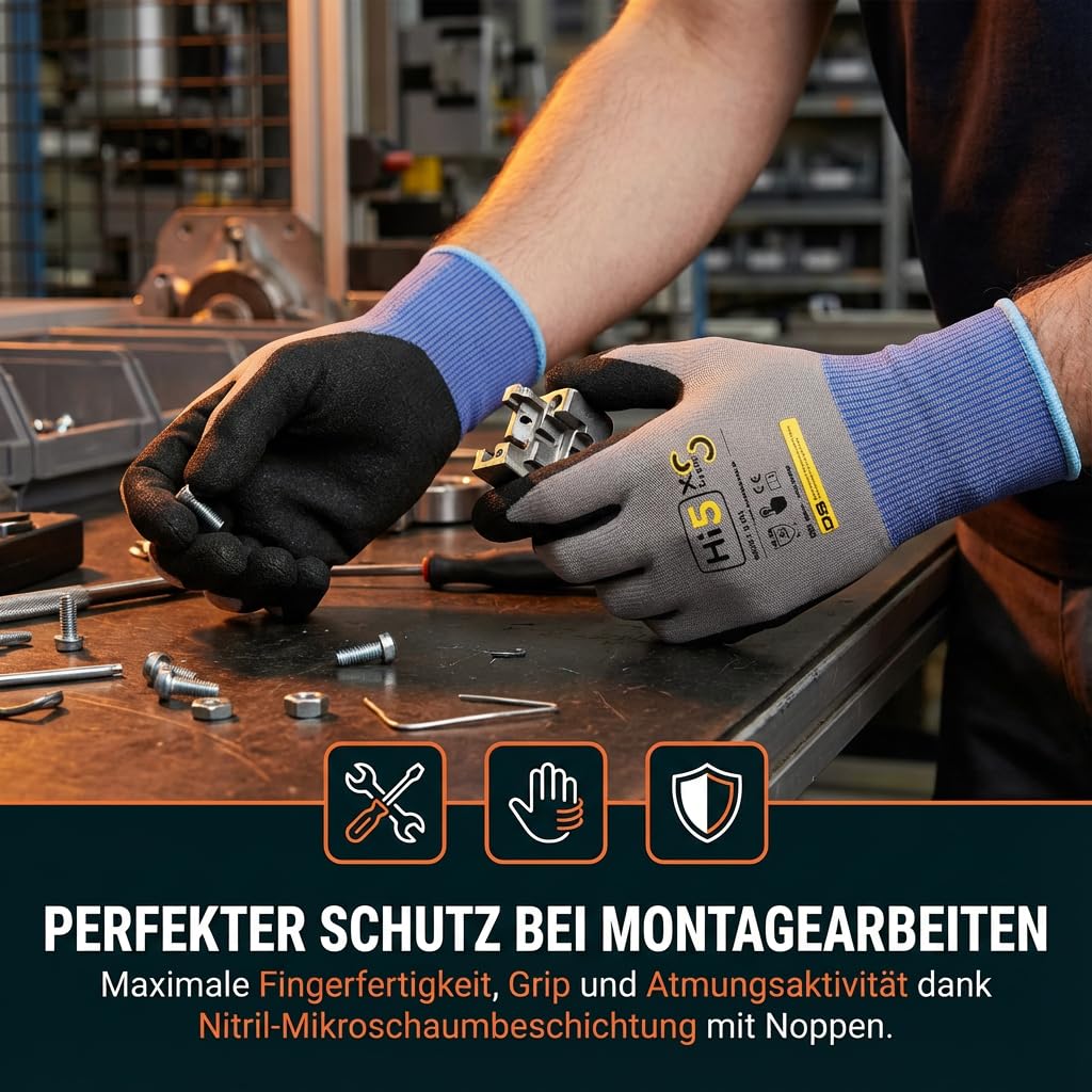 Hi5 X-Super S Arbeitshandschuhe 4121X – Sandy-Nitril-Beschichtung – 15G Nylon/Spandex – hoher Grip bei Nässe & Öl – EN 388 – Touchscreen – grau/schwarz (S, 120, stück)