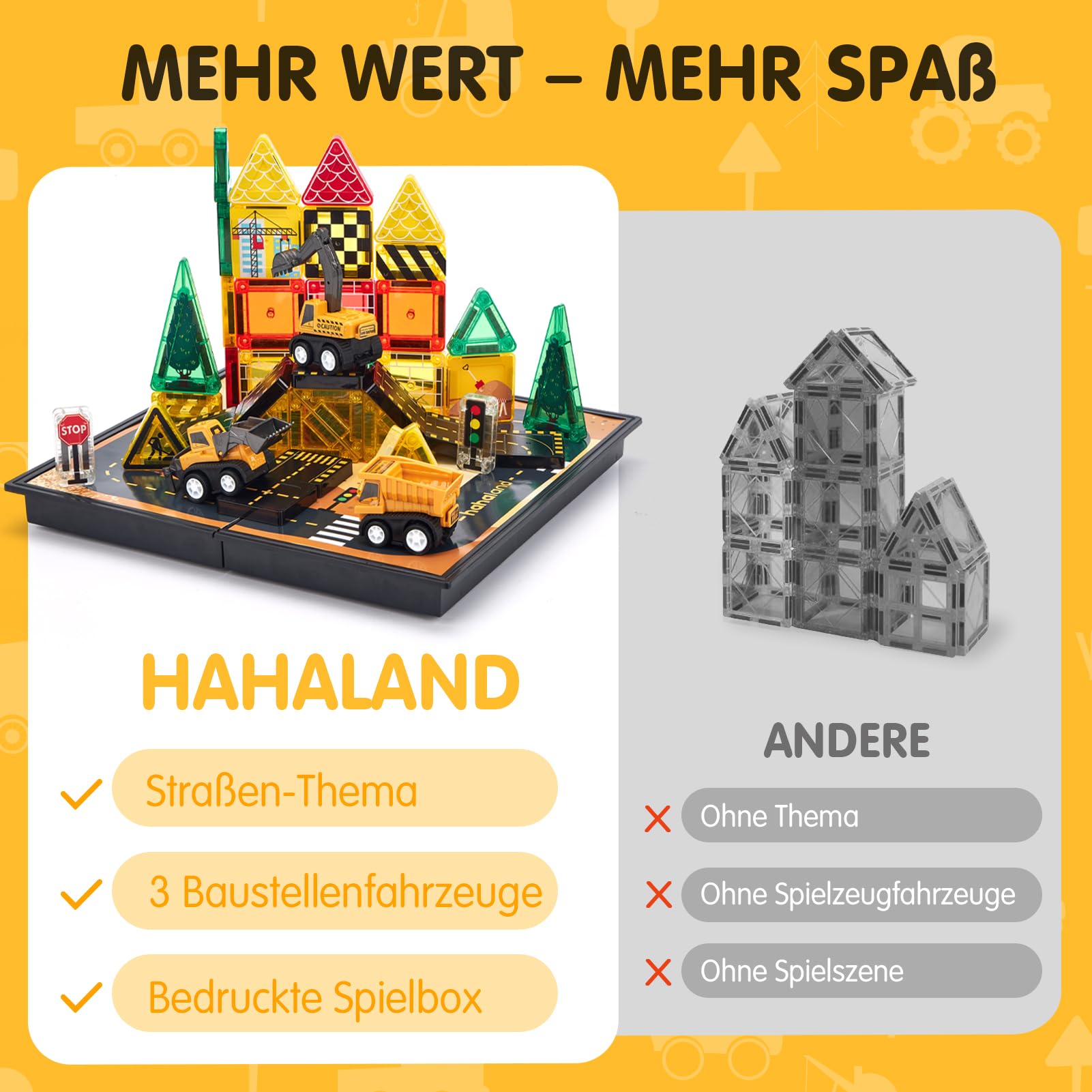 hahaland Magnetische Bausteine ab 3 Jahre mit 3 Baustellenfahrzeugen & Aufbewahrungsbox, 42PCS Mini Magnetic Tiles Reisespielzeug mit Bauplatte, Montessori Spielzeug Geschenk für Kinder 3 4 5 Jahre