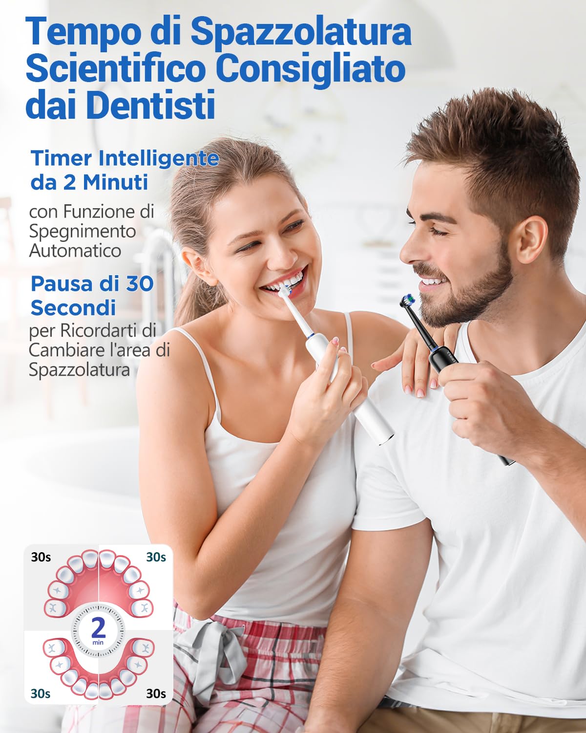 Spazzolino Elettrico Rotante per Adulti - 2 Spazzolino Denti Rotante con 10 Testine e 2 Custodia da Viaggio, 5 Modalità, Impermeabile IPX7, Spazzolino Elettrico da Viaggio Ricaricabile, Nero e Bianco