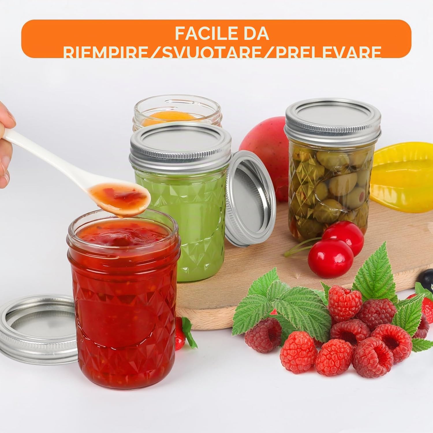 YBCPACK Mason Jars - 12 barattoli con coperchio, 250 ml, con tappo a vite, piccoli barattoli per marmellata con etichette e penna per marmellata, yogurt, miele e meal prep