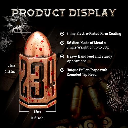 Miniatura 2 de FONVGOGO Juego de dados de metal tipo bala D6, 6 piezas, dados únicos de 6 caras, ideales para DND RPG Warhammer Dungeons and Dragons con temática
