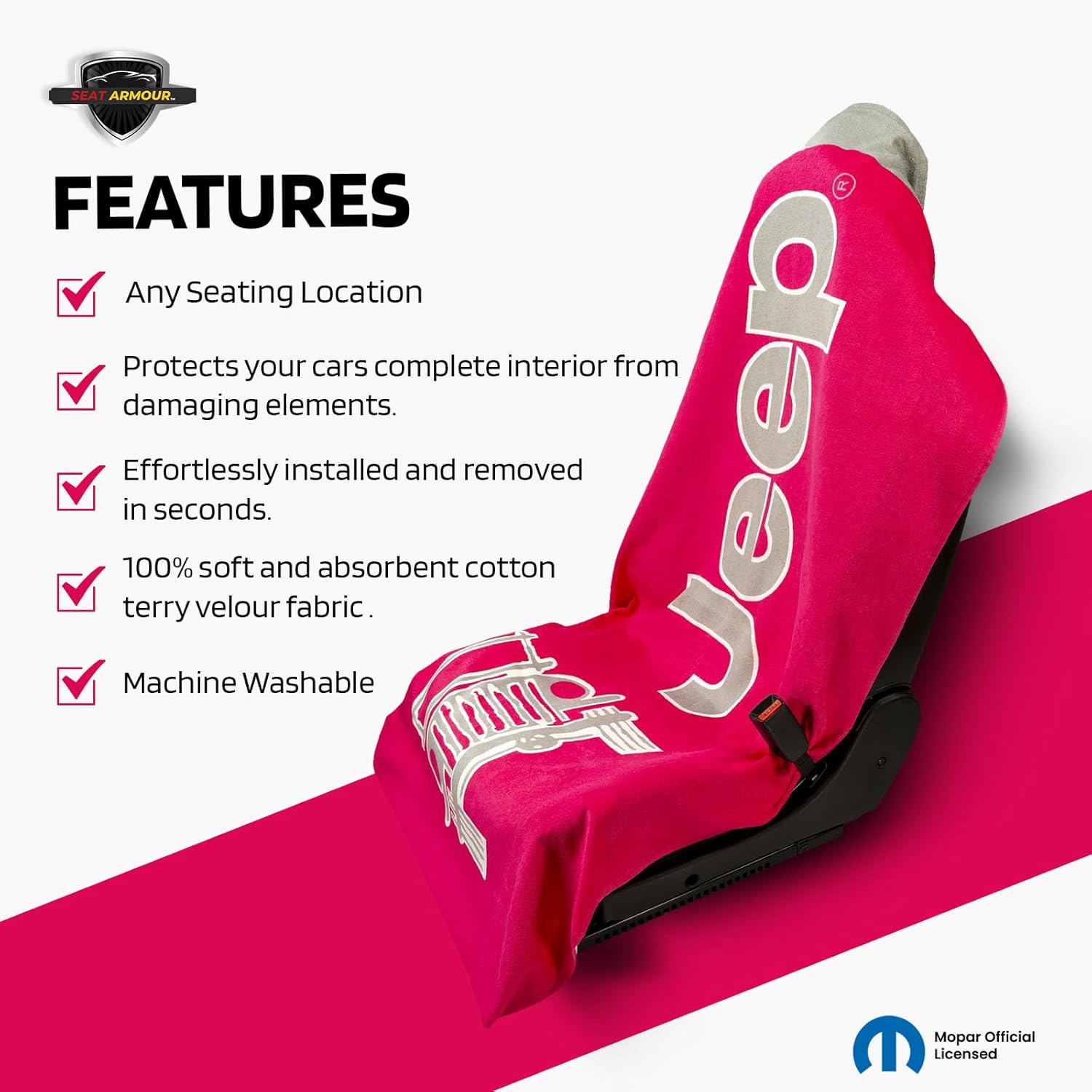Seat Armour Jeep Seat Towel - Universal Fit Soft Machine Washable Jeep Towel - Easy Install, Multipurpose Towel2Go Seat Cover for Jeep - Pink
