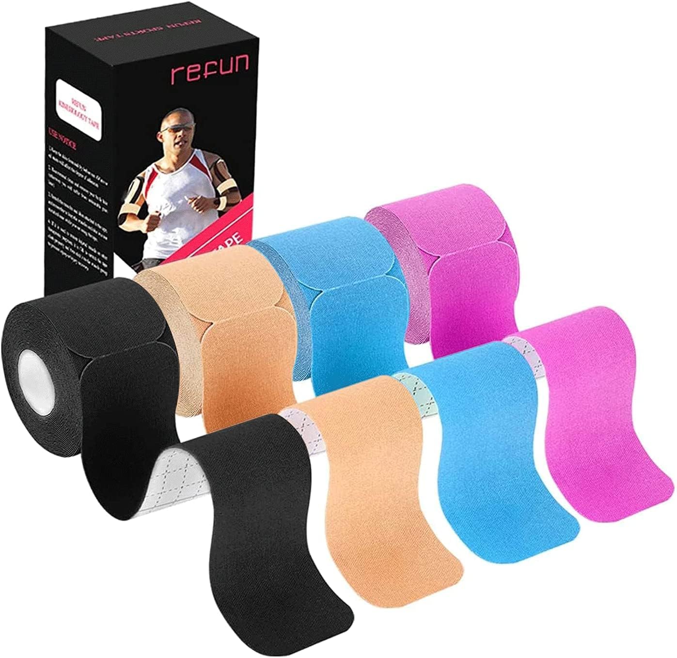 REFUN Kinesiology Tape Precut (4 Rolls Pack), Elastic Therapeutic Sports Tape for Knee Shoulder and Elbow, Pain Relief, Waterproof, Latex Free, 2" x 16.5 feet Per Roll, 20 Precut 10 Inch Strips