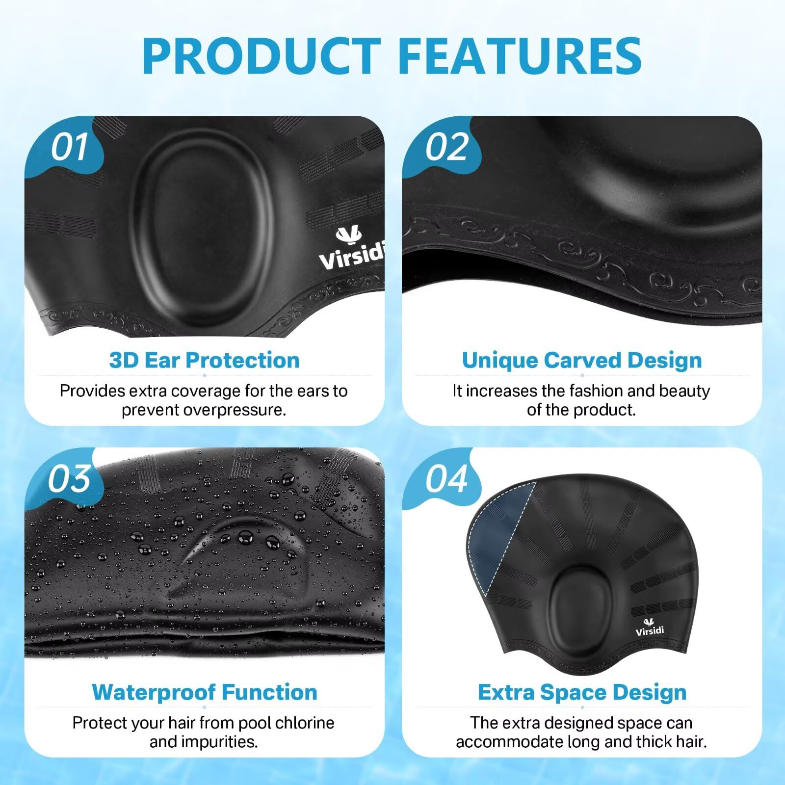 Gorro de natación para cabello largo, gorro de natación de silicona para adultos, mujeres y hombres con protección 3D para los oídos, impermeable, grande, gorros de baño para mantener el