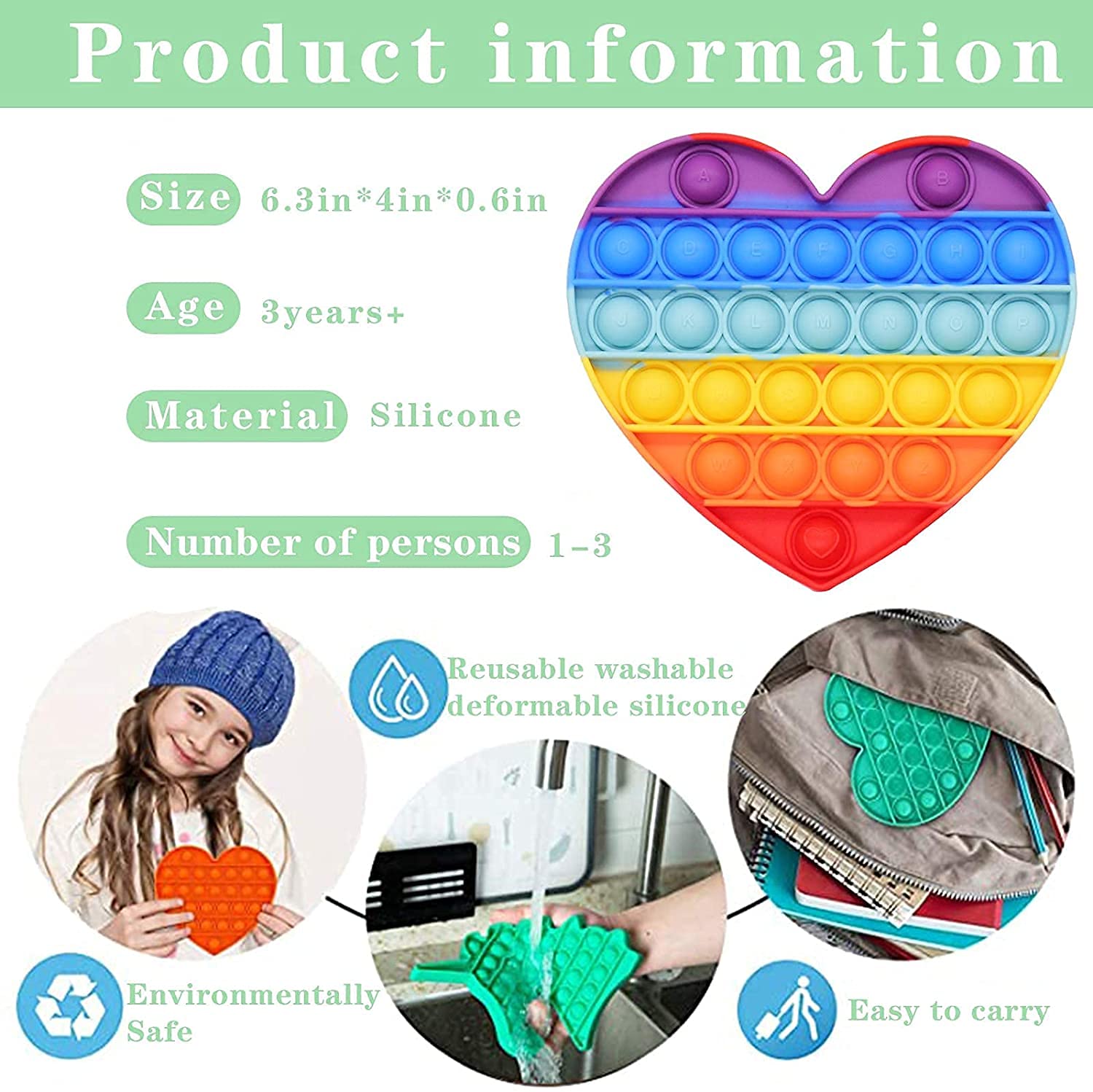 Chigy Wooh Pop It Bubble Fidget Toy, Stress Relief Toy, Sensory Toy Game for Kids, Pop Sound Toy, Gifts for Kids, Rainbow Color Popit Toys (Pack of 2, Heart, Square) 2