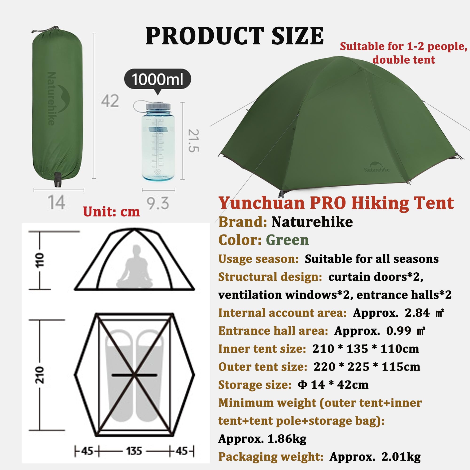 Naturehike ultralekki namiot turystyczny, dwuosobowy namiot, szybki montaż, namiot na cztery pory roku, poliuretan (PU) 3000 mm + wodoszczelny, kompletne akcesoria, odpowiedni na kemping, wędrówki