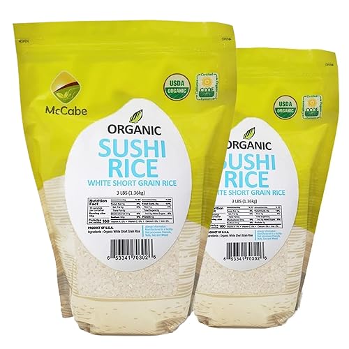 McCabe Arroz orgánico de sushi blanco de grano corto 6 libras (3 libras paquete de 2) Arroz blanco pegajoso certificado USDA y CCOF Producto de