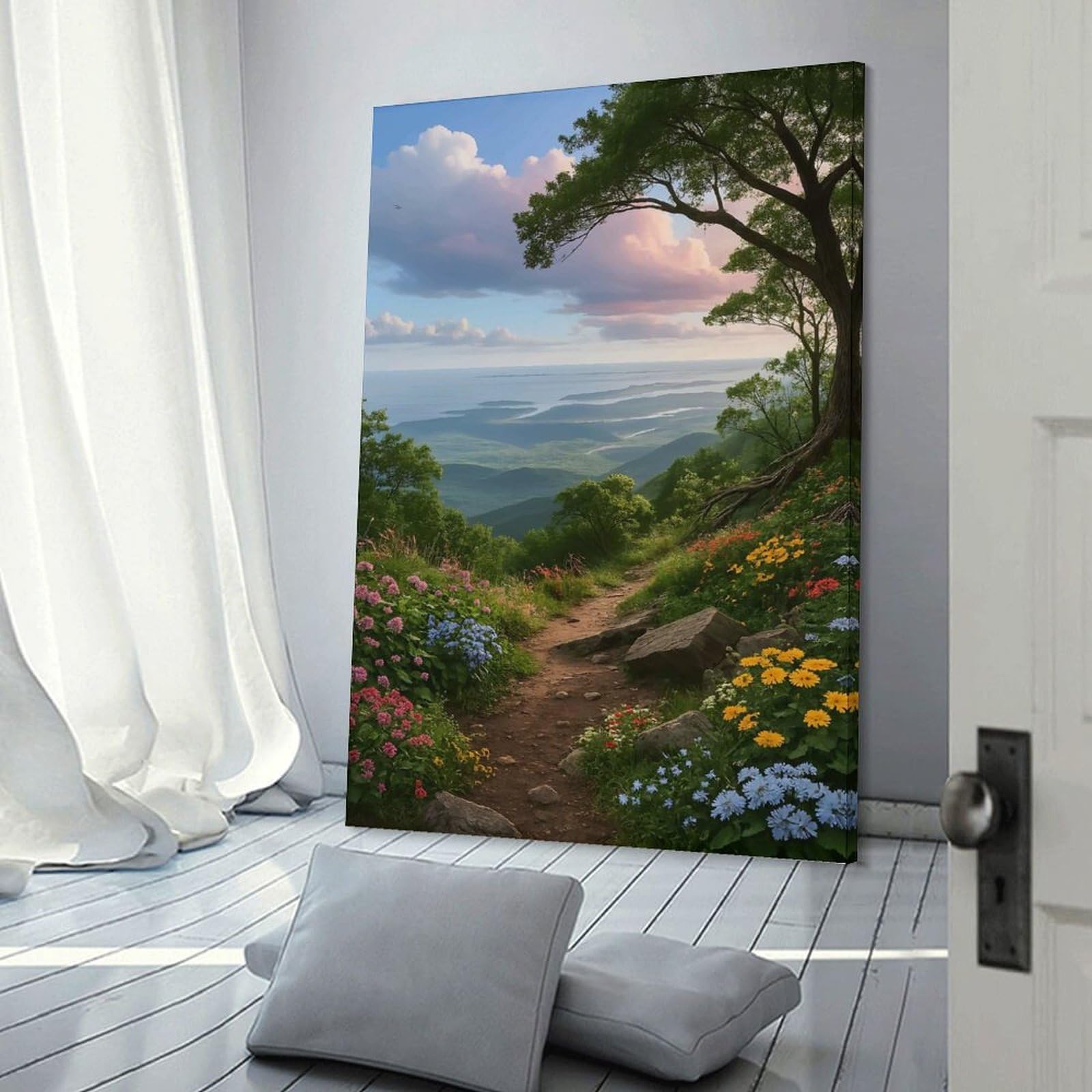 Junmoney Canvas Art Print Scenic Mountain Trail with Flowers, 20x30inch(50x75cm), for Office, Study Or Home Workspace, Decorative Artwork for Productive Spaces