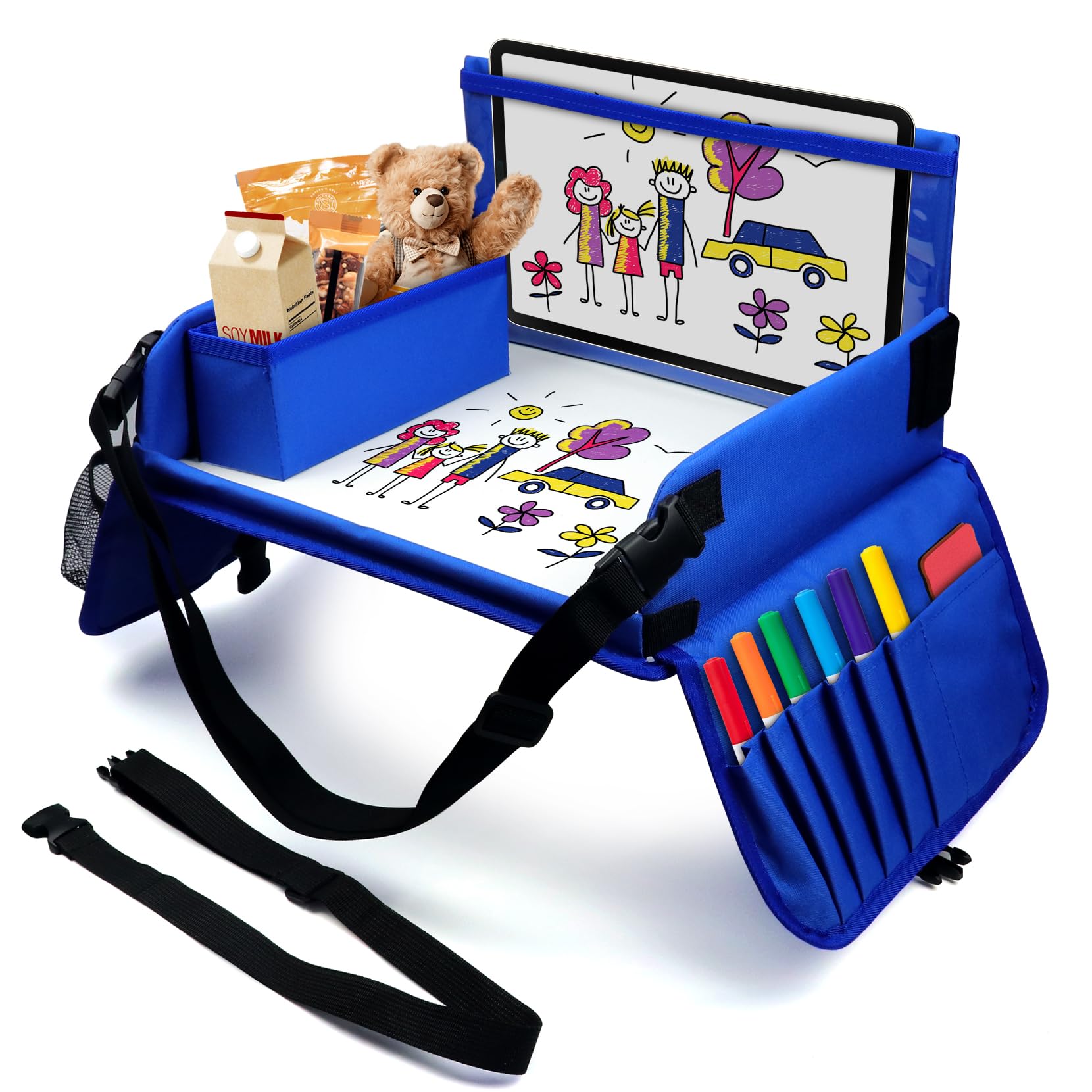Julaiwy Travel Tray for Kids, Carseat Table Tray for Road Trip Activities, Toddler Lap Desk Organizer for Airplane - Blue