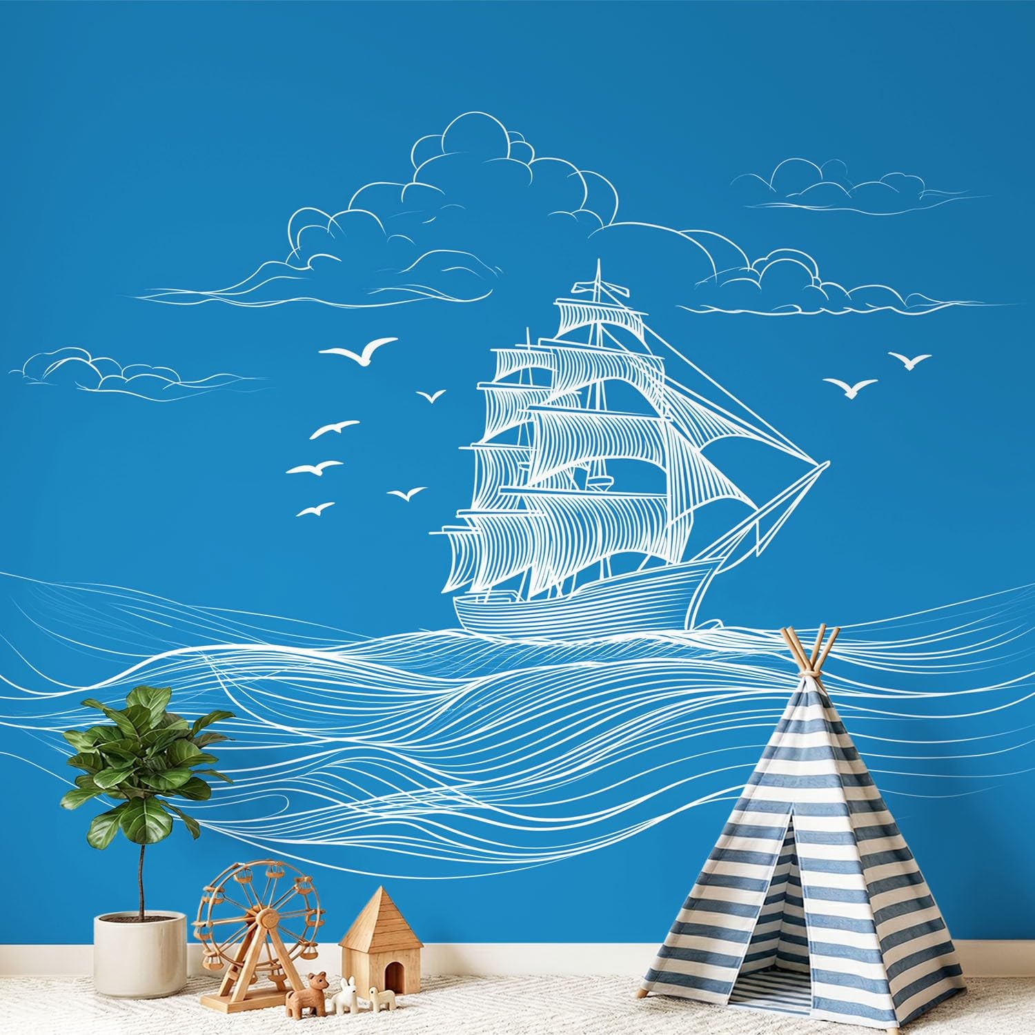 Papier peint panoramique intissé bleu océan pour agrandir un grand salon blanc