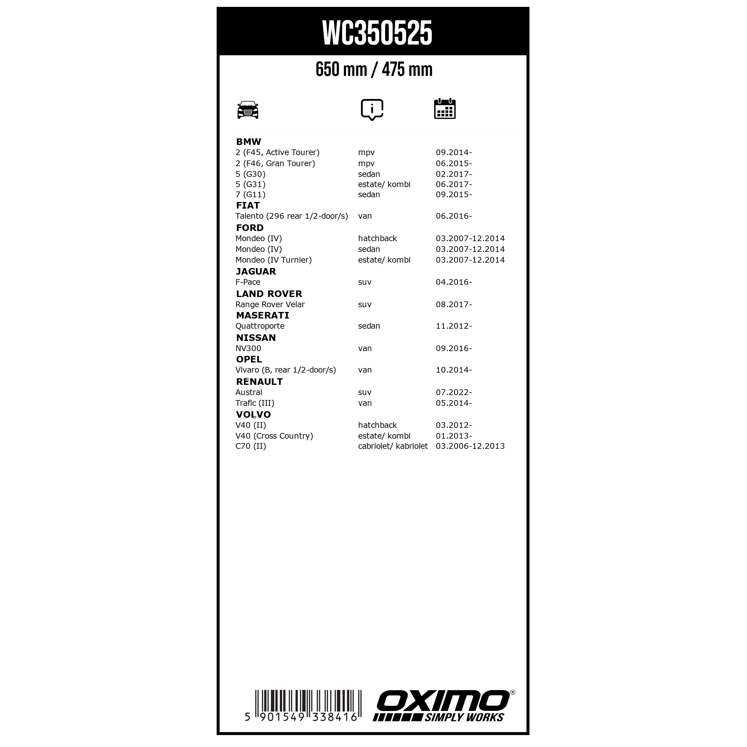 OXIMO Zestaw wycieraczek samochodowych do przedniej szyby 650 mm/475 mm – wycieraczki samochodowe do przednich akcesoriów samochodowych – BMW 2, 5, 7, Fiat Talento, Mondeo, Opel Vivaro, Trafic, Volvo