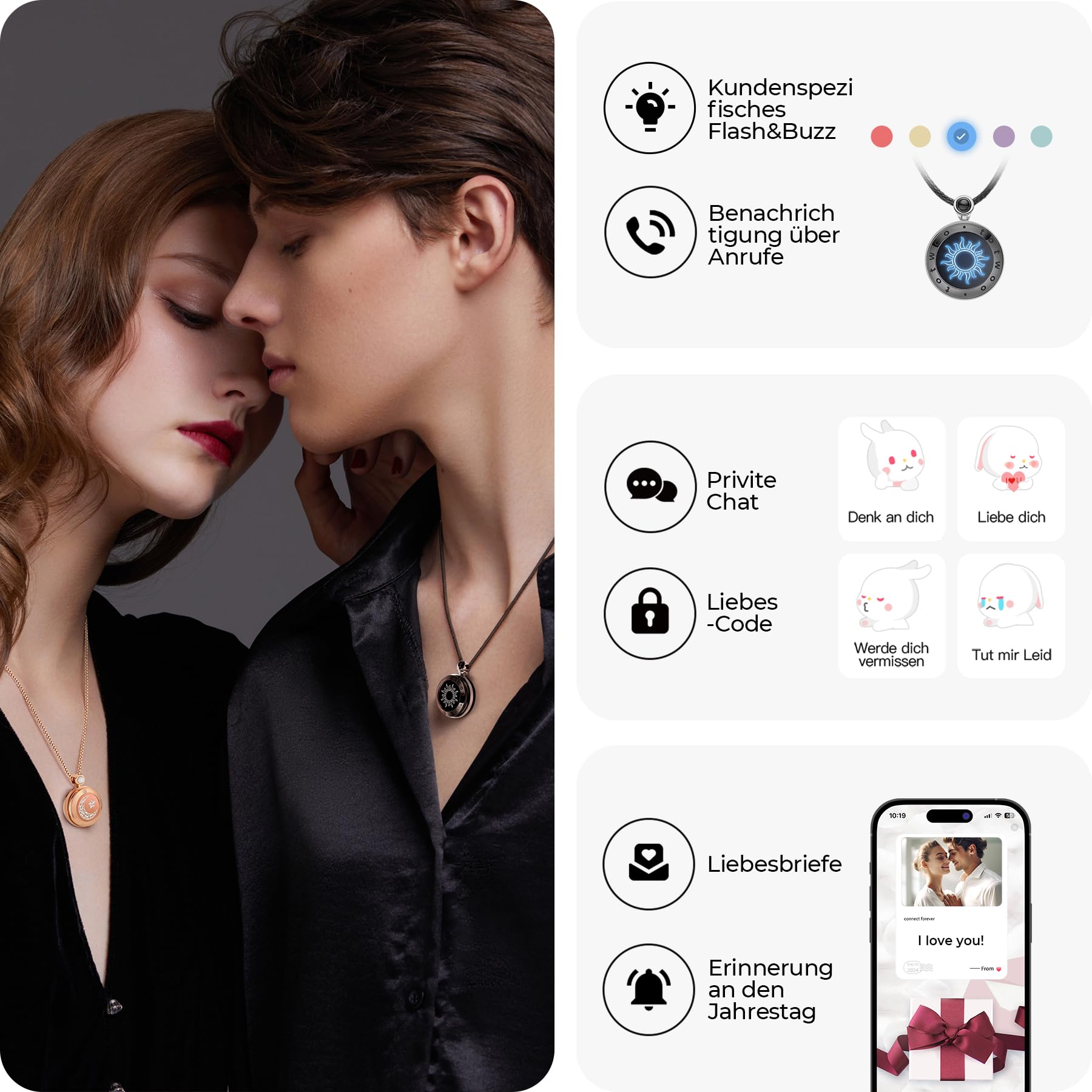 TOTWOO Collana per Coppia - Girocollo Lunga in Acciaio Inossidabile, Tattili Vibranti, Impermeabile e Regolabile - Regalo per l'Anniversario, Ideale per Donna e Uomo