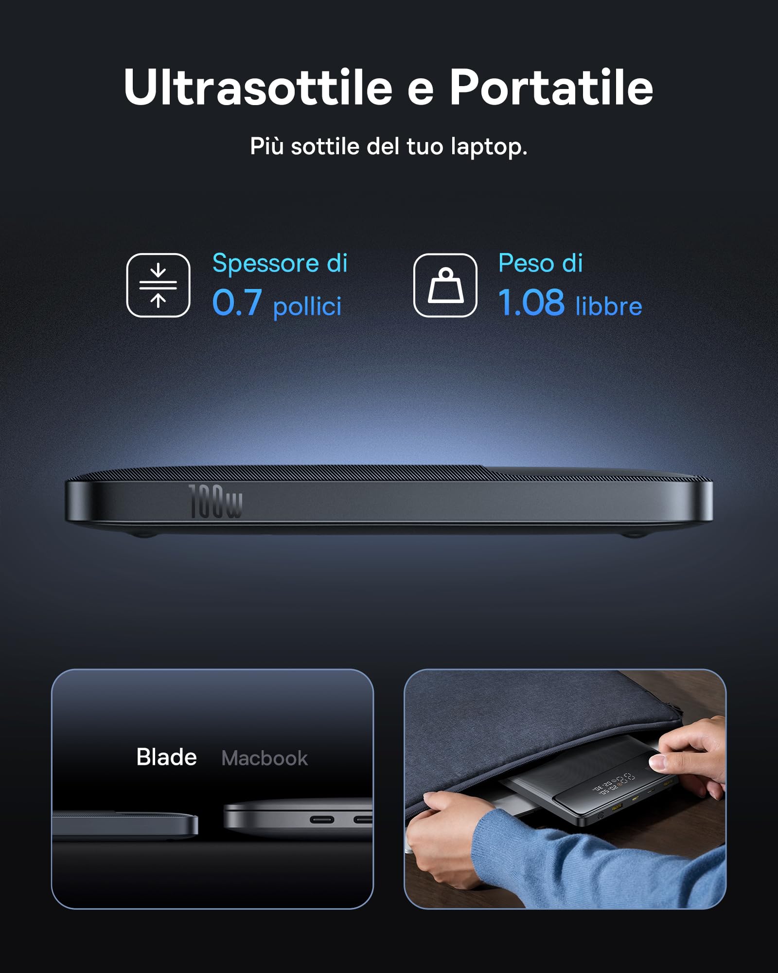 Baseus Powerbank, 20000 mAh 100 W PD sottile batteria esterna QC 4.0, caricatore rapido Blade H1 per laptop, MacBook, iPad, iPhone 16 15, switch, Steam Deck, Samsung Galaxy, ROG Ally, 2024 Edizione
