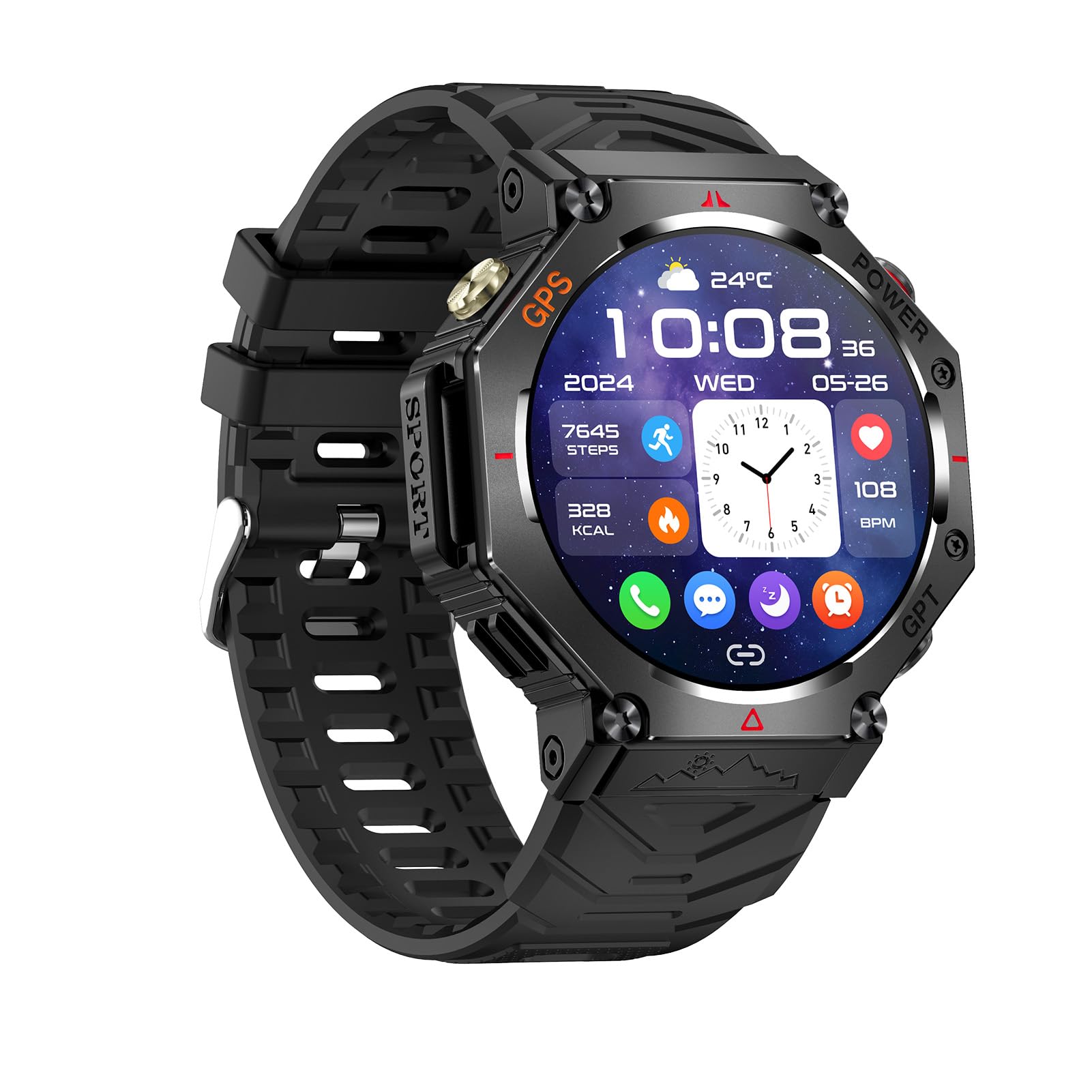 Lazmin112 Smartwatch, Con Posizione Gps, Gpt, Impermeabile Fino a 30 m, Torcia, Altoparlante e Microfono Integrati, Ricarica Magnetica, 100+ Modalità Sportive, Orologio Sportivo (BLACK)