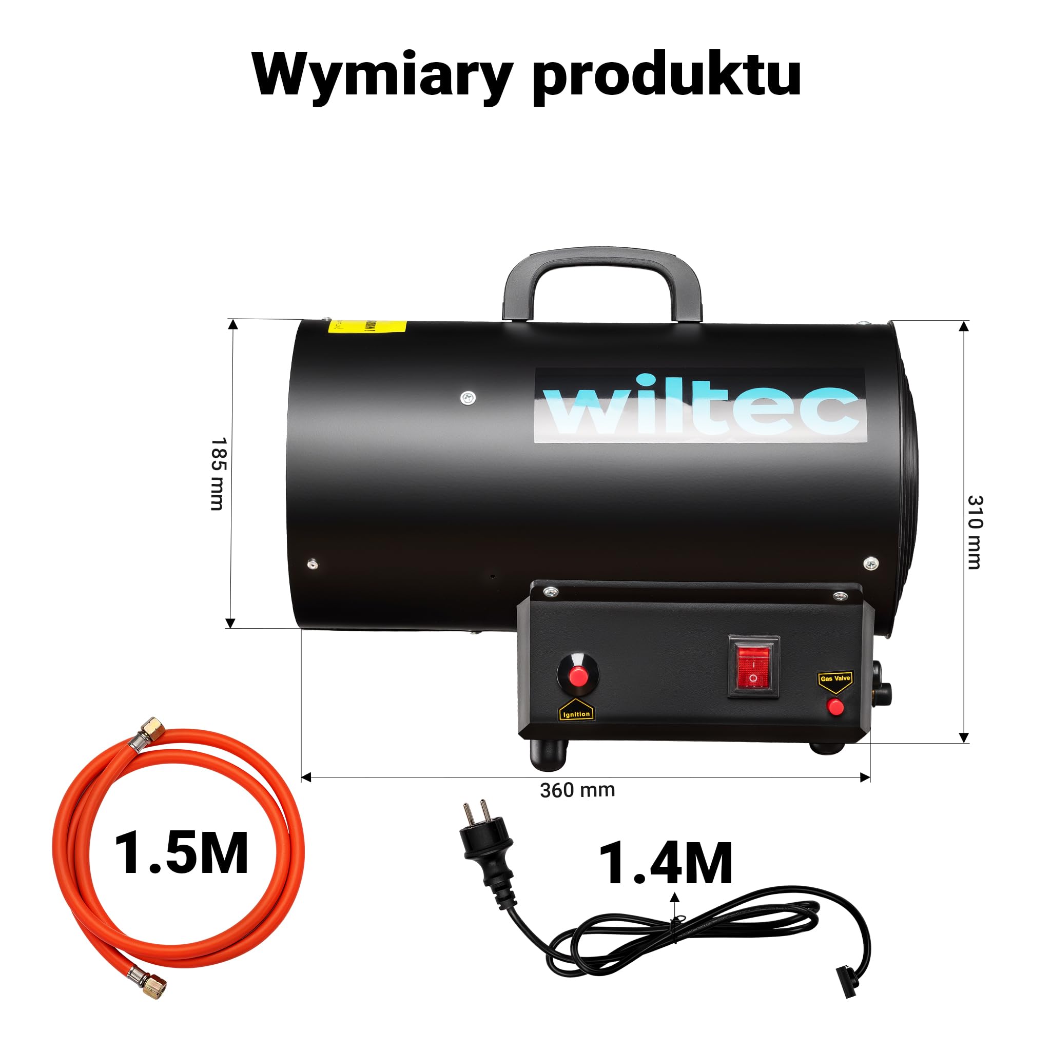Wiltec Nagrzewnica gazowa 15 kW, przemysłowa dmuchawa do dużych powierzchni, ogrzewacz gazowy z piezoelektrycznym zapłonem, nagrzewnica budowlana