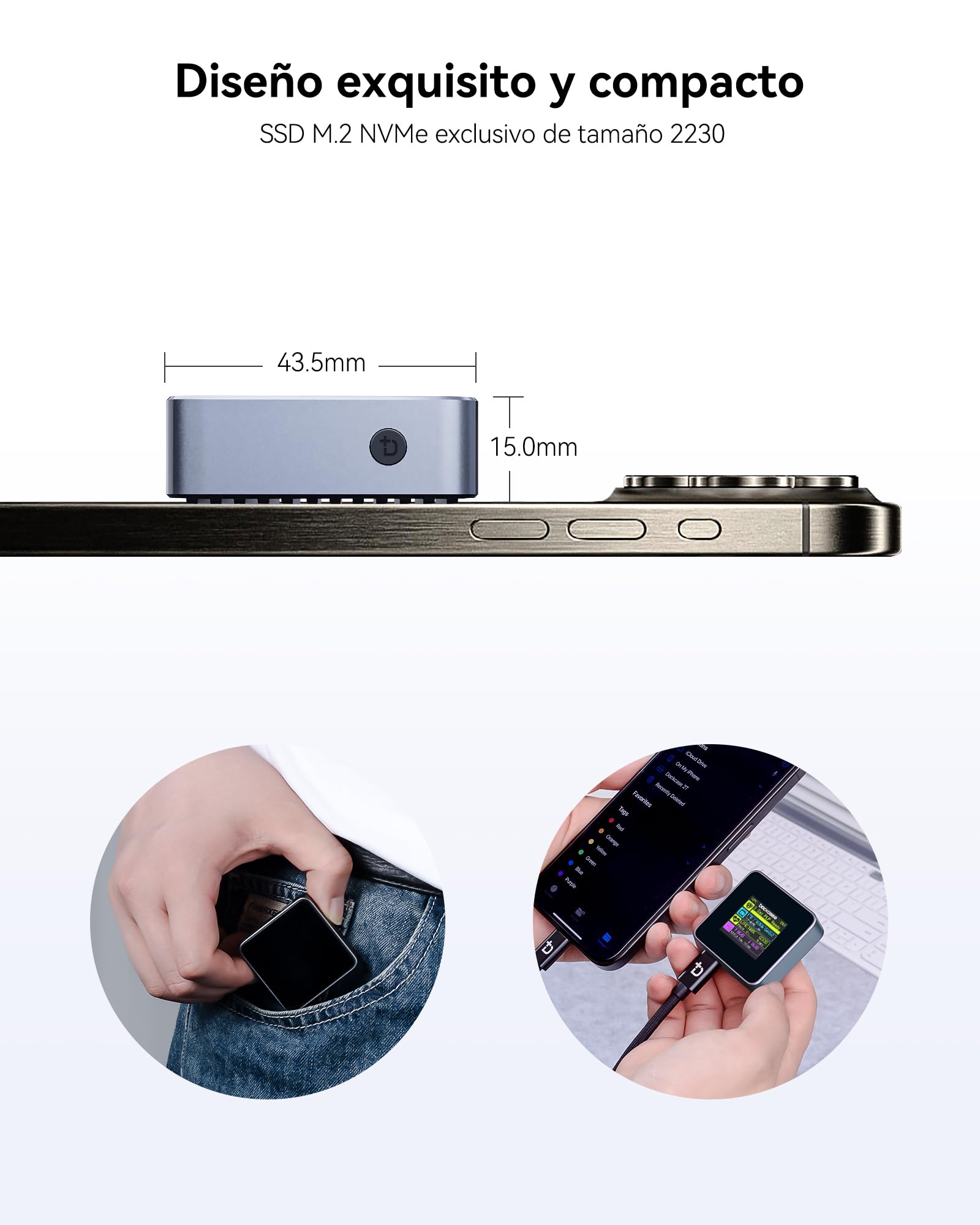 DOCKCASE Pocket M.2 NVMe Smart Carcasa SSD - Detección de Vida Útil del Disco de la Carcasa Disco Duro, 3s Power Loss Protection, USB-C 3.2 (10 Gbps) para 2230 M.2 NVMe/PCle SSD, hasta 2TB, Gris
